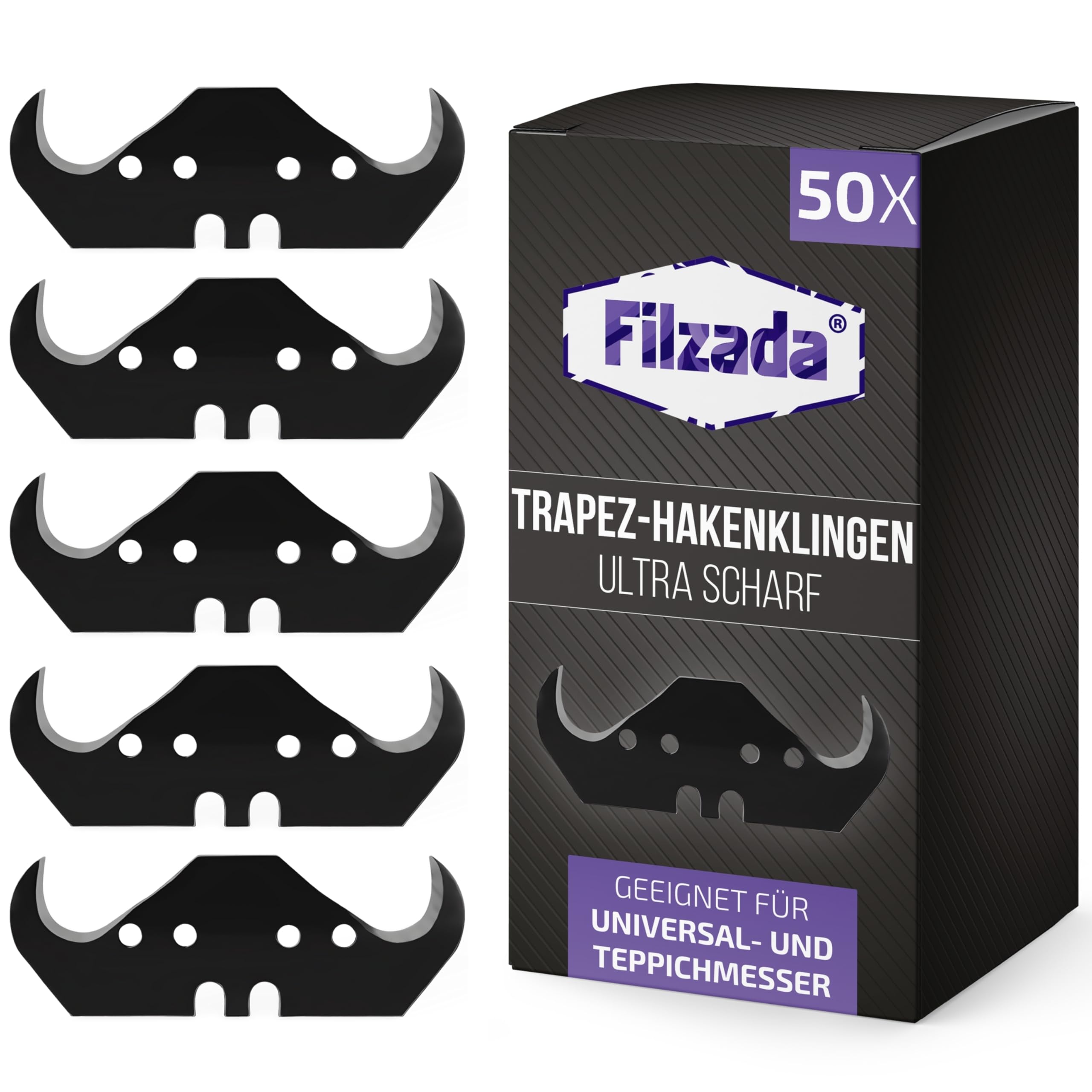 Filzada® 50x Cuchillas de gancho PROFI para cuchillos de alfombra - Cuchillas de gancho trapezoidales ultra afiladas adecuadas para cuchillos de corte y cuchillos utilitarios