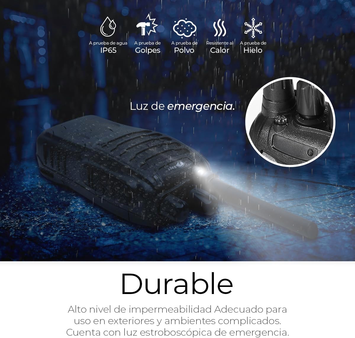 Image showing a Raganet walkie talkie in a rainy environment, highlighting its durability features like IP65 water resistance, shock resistance, dust resistance, heat resistance, and cold resistance, along with an emergency light.