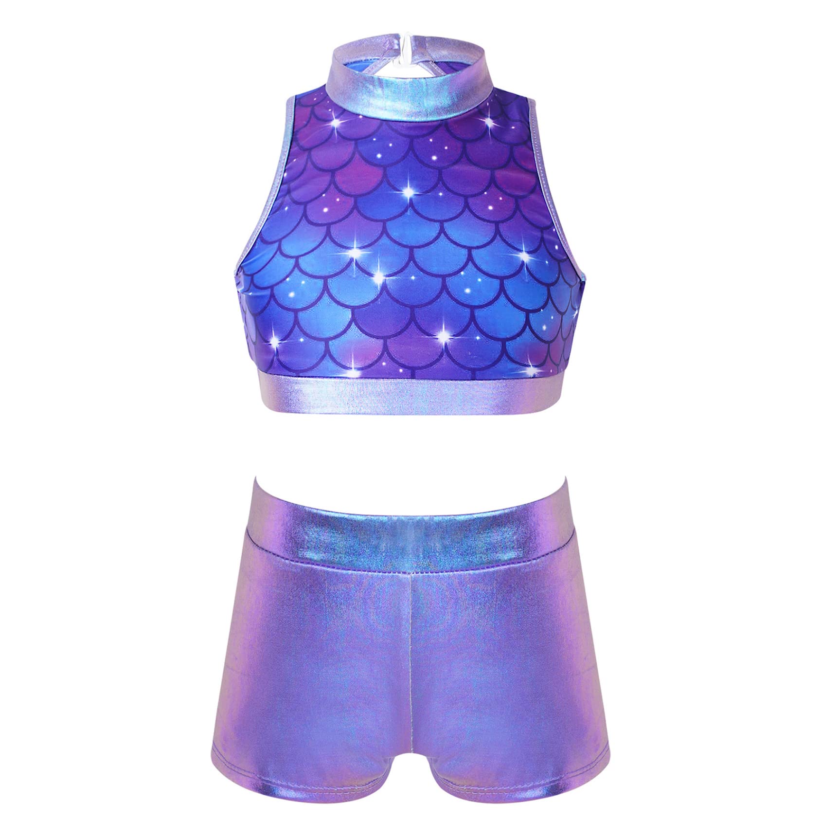 Daenrui Kids Girls 2 Piece Sequins Sports Dance Outfit Crop Top with Booty Shorts Gymnastics Dancing Costume Purple Fish Scales#2 8-10 Years