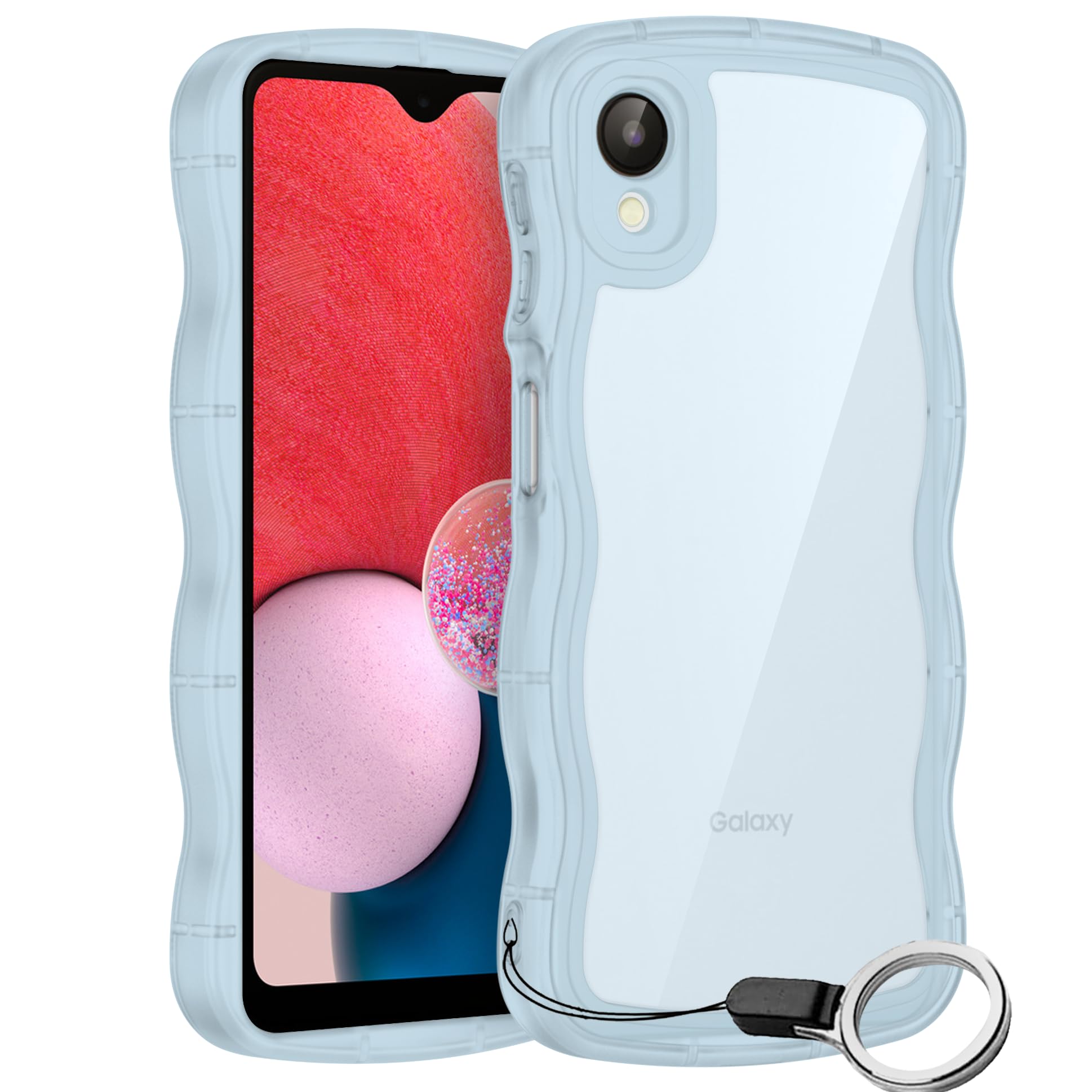 Galaxy A23 5G用ケース リング付き ギャラクシーA23 5G SCG18 / SC-56C ウェーブ 純透明 マグセフ 可愛い マツと感 TPU 耐衝撃 超軽量 極薄 透明 黄ばみなし 滑り止め かわいいうねうね 韓国 人気 ストラップホール付きなみなみ カバー・サムスンA23 5Gクリア ブルー
