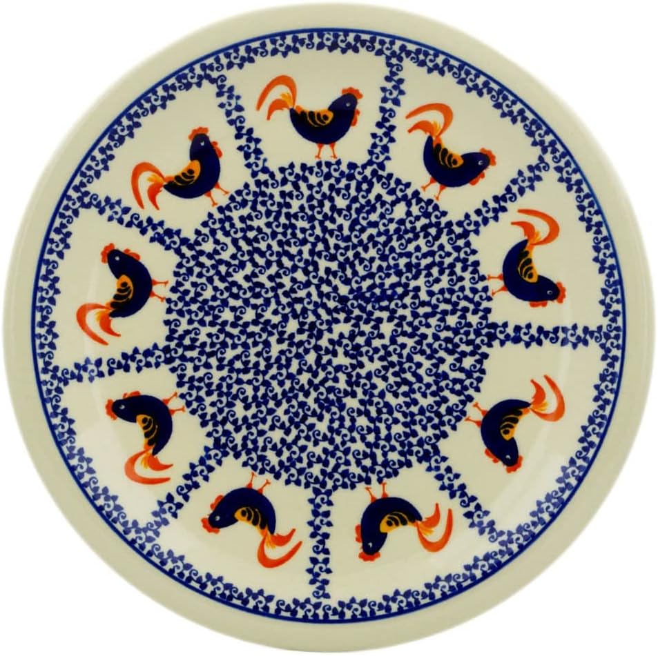 Polmedia Polish Pottery Dinner Plate - Rooster Parade Pattern Handmade in Boleslawiec Poland + Certificate of Authenticity