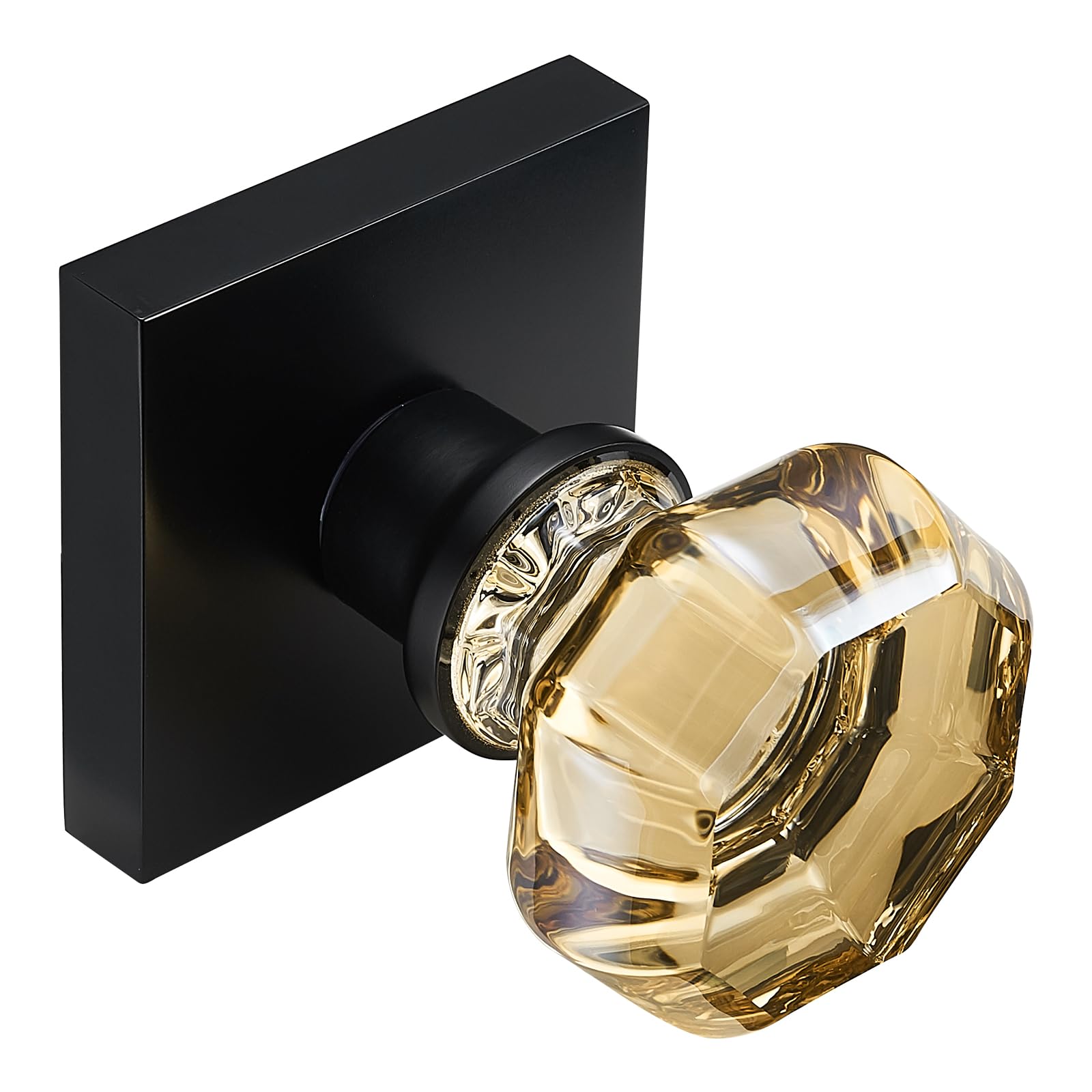 SNBTLA Champagne Gold Crystal Door Knob with Matte Black Square Rosette – Elegant Octagonal Privacy Handle Set for Bedroom, Bathroom, Closet – Vintage