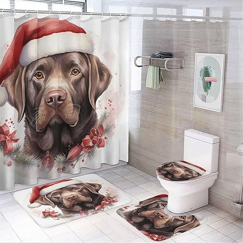 Juego de 4 cortinas de ducha con alfombras, cubierta de tapa de inodoro y tapete de baño, color chocolate, acuarela, sombrero de Papá Noel, cortina
