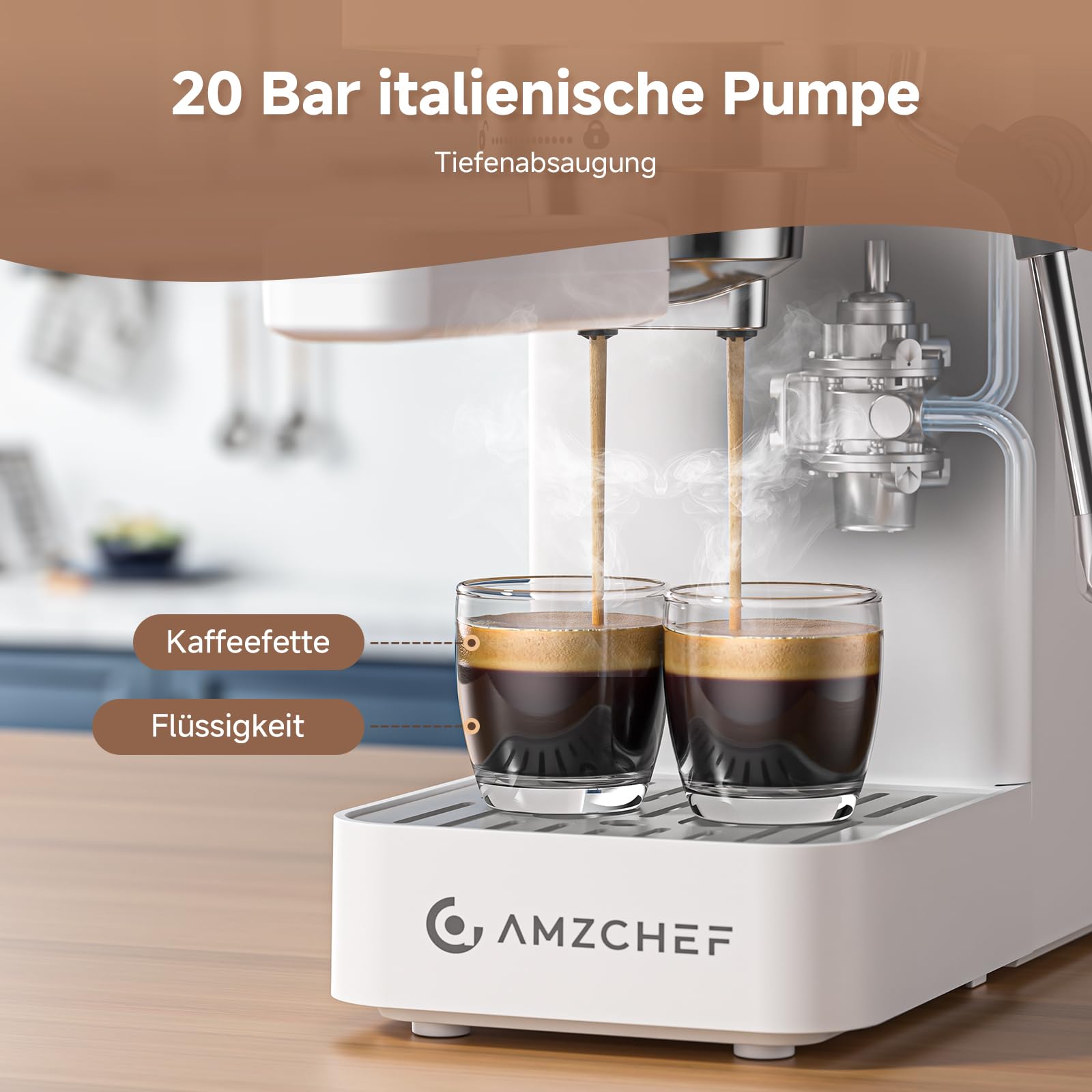 AMZCHEF Siebträgermaschine 20 Bar Espressomaschine klein mit LED-Display, Milchaufschäumer & Edelstahl-Dampfstab, 1350W Schnellaufheizung, 1,5L Wassertank, für Espresso Cappuccino Latte,Weiß