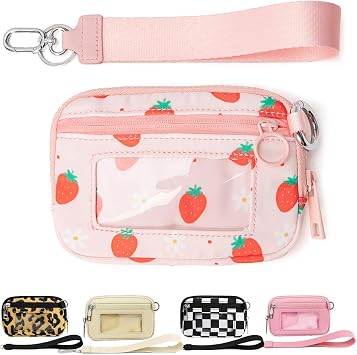 The Iris Wallet 2nd Gen, The Iris Pouch Wristlet Zip Card Case With ID Window, WomenS Waterproof Nylon Keychain Wallet strawberry