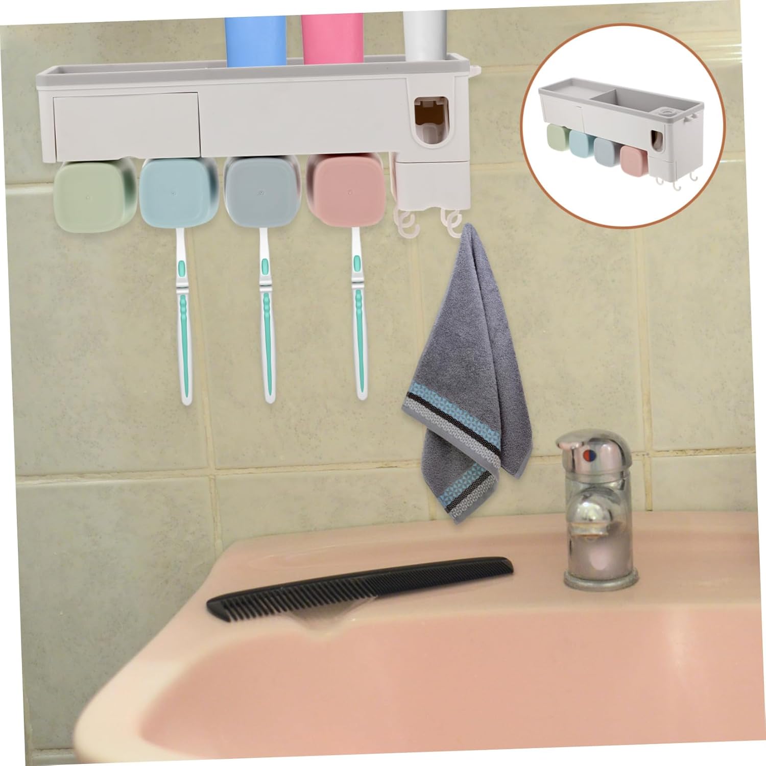 Wall-Mounted Toothbrush Holder with Automatic Toothpaste Squeezer Toothbrush Slots Razor Organizer Bathroom Storage Rack for Bathroom Accessories Space-Saving Easy to Install and