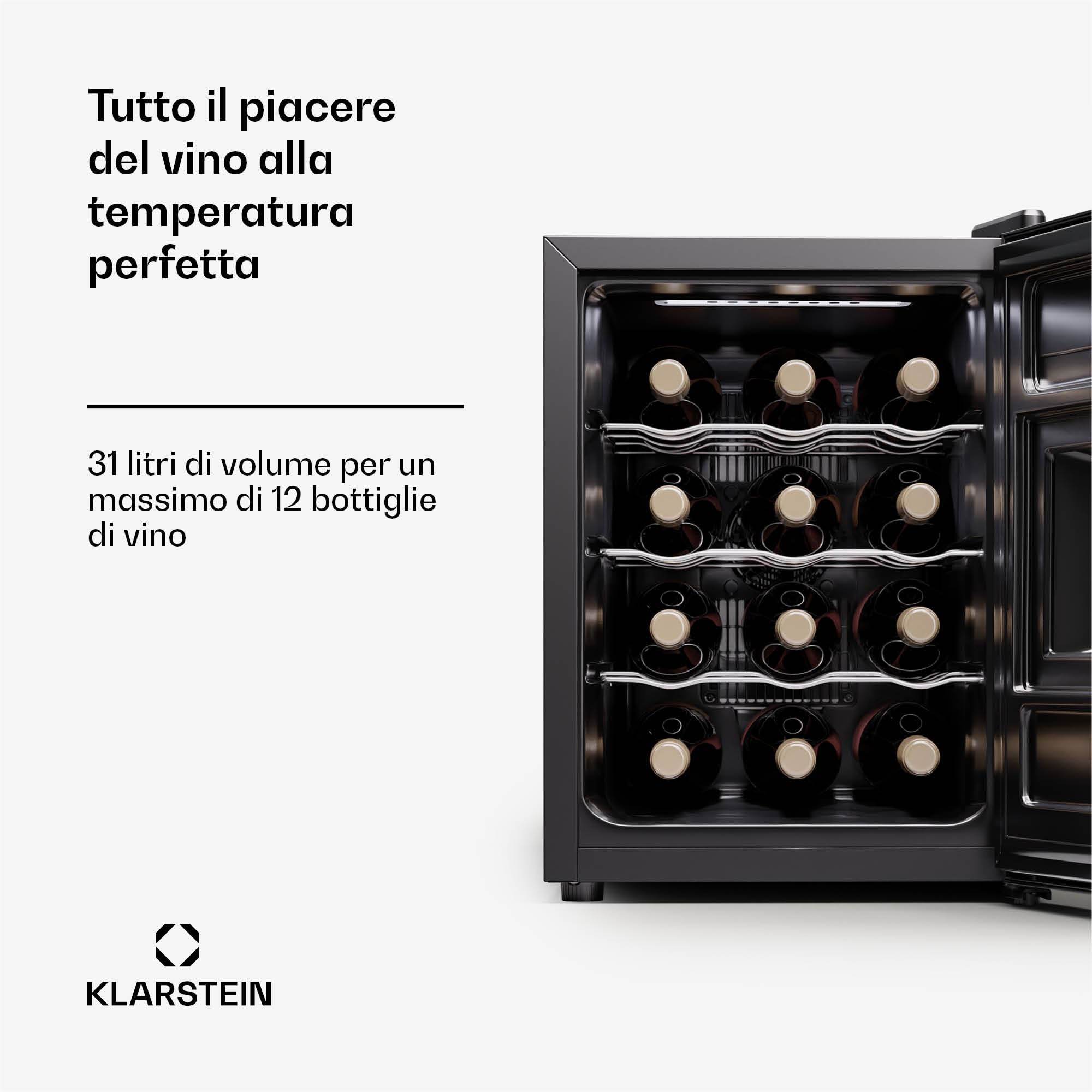 KLARSTEIN Nevera para vino independiente 1 zona, Nevera para bebidas pequeña, Nevera para vino pequeña, con puerta de cristal, Nevera para botellas interior/exterior, 12 botellas