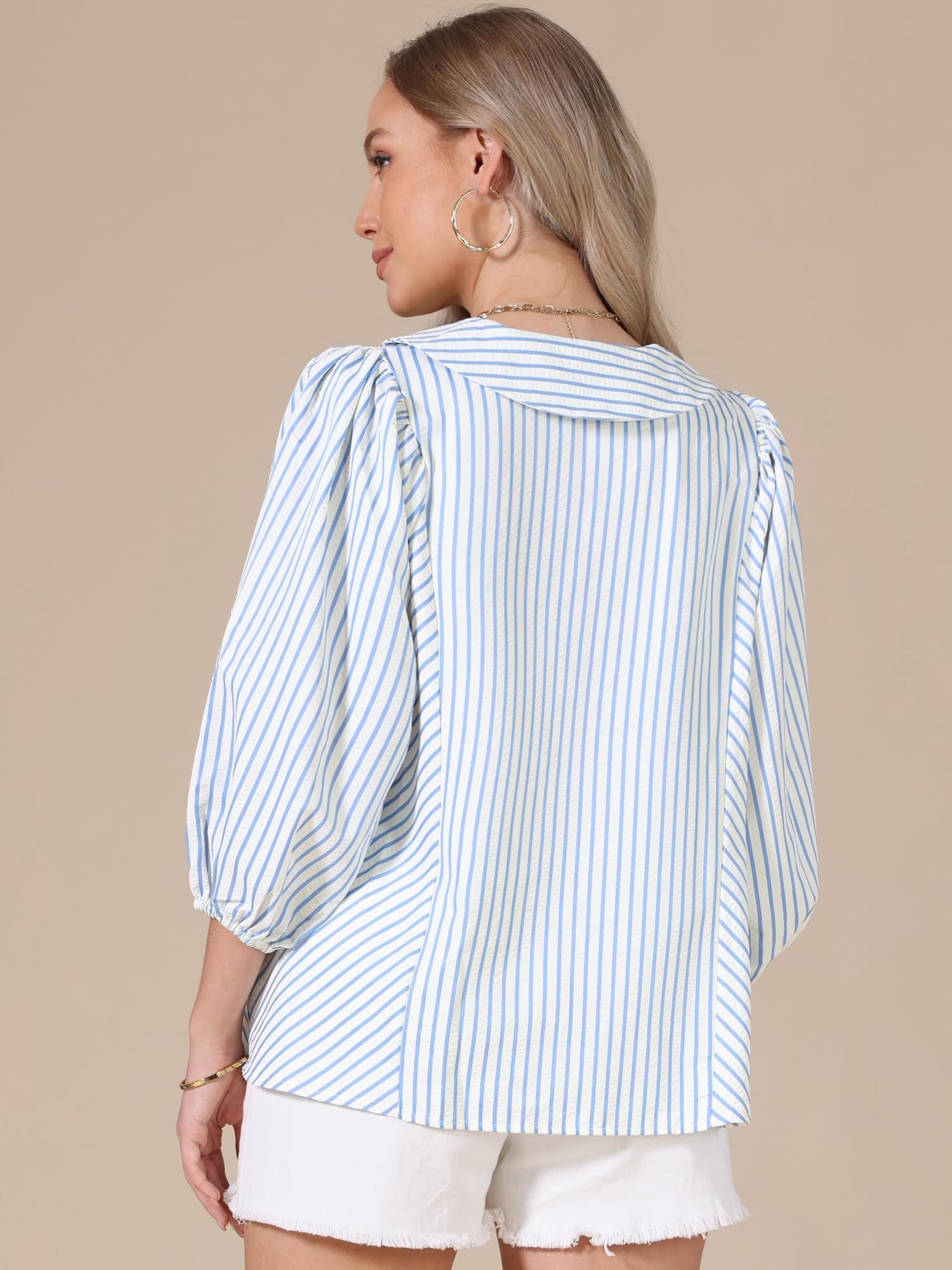 Allegra K Camicia a righe con bottoni, camicetta casual elegante da donna, con maniche arricciate, top babydoll estivo