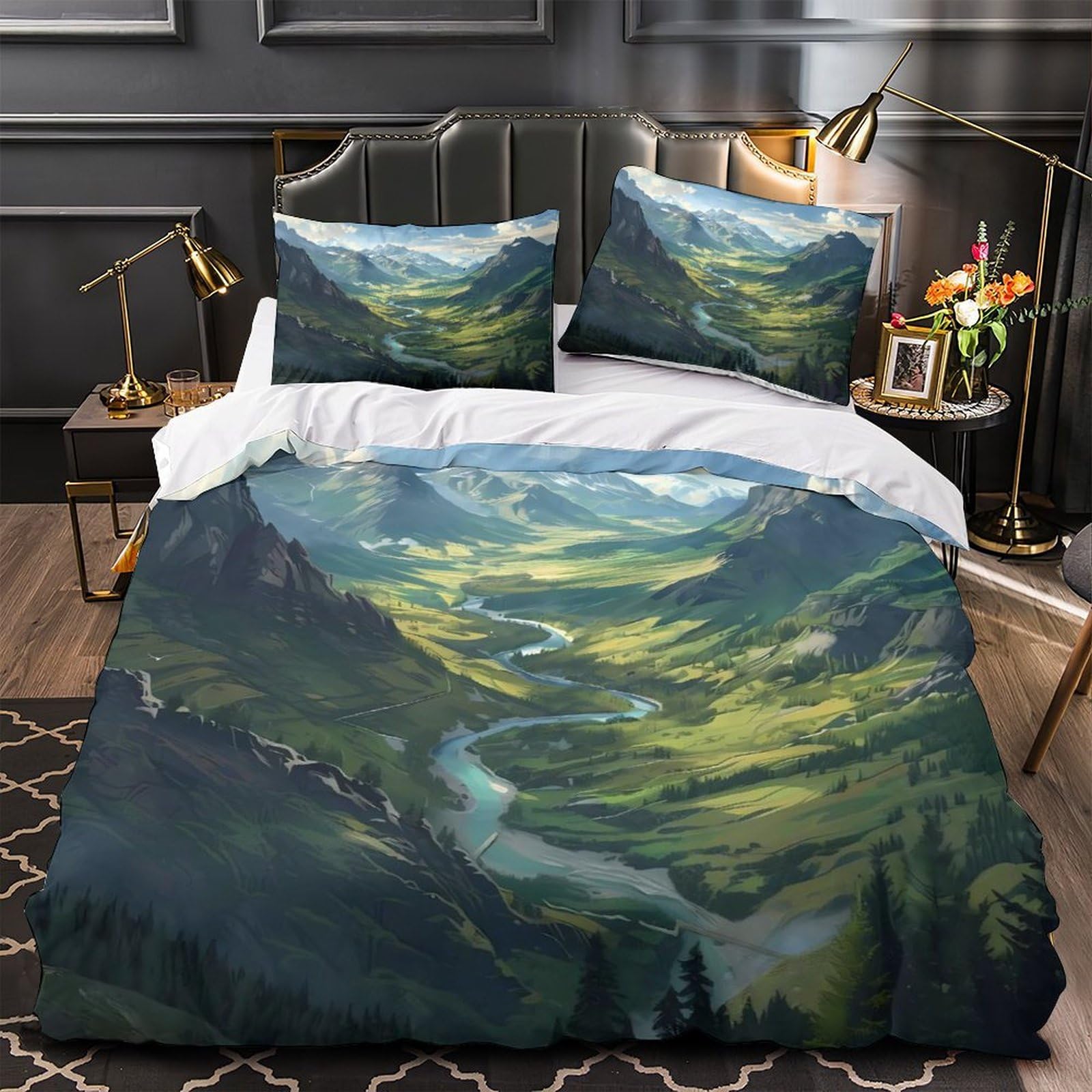 Parure de lit montagne housse de couette 140x200 microfibre imprimé 3D zippée