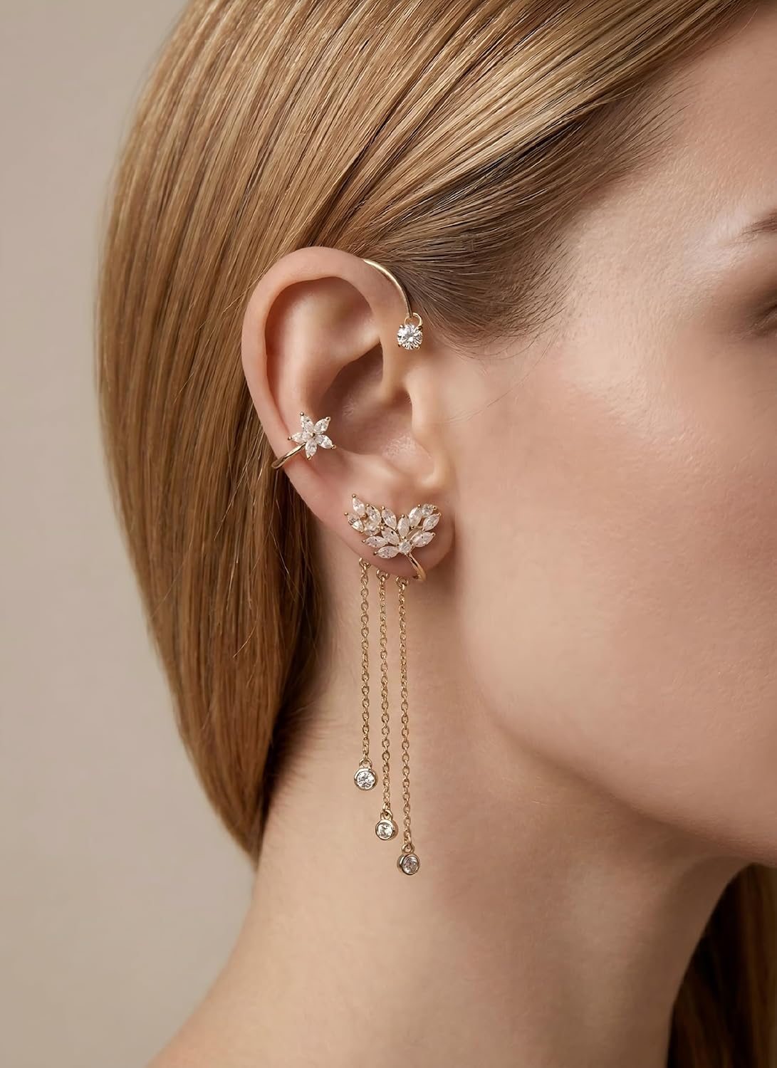 FRESHME Ear Cuffs Non Piercing - Ear Wrap with Tassel and Glitter Rhinestone Ears Jewelry for Bridal Wedding Prom Party