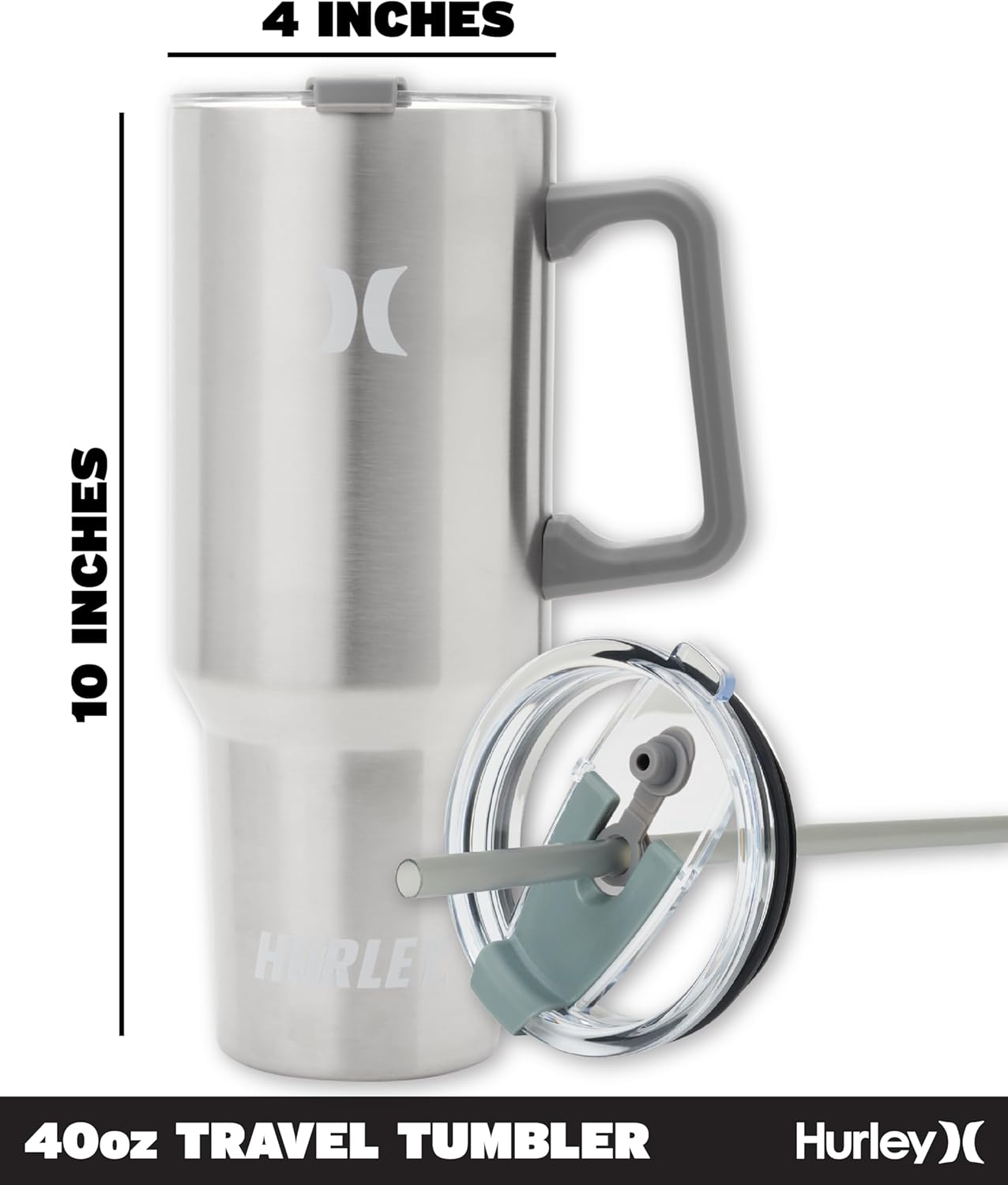 Hurley Tumbler Thermos - 40oz Double Wall Vacuum Insulated Travel Mug with Handle - BPA Free Stainless Steel Water Bottle - Leak Proof Hot and Cold Coffee Car Cup, Size 40 Ounces, Silver
