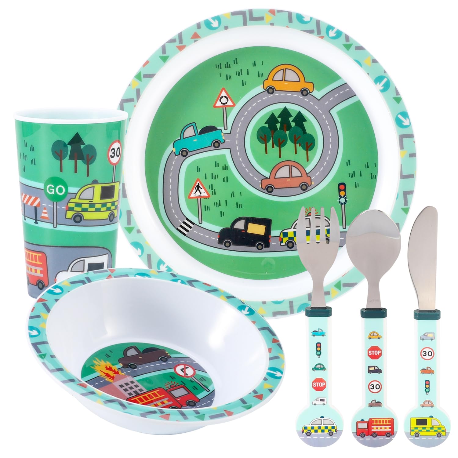 Vehicle Kids 6 Piece Reusable Dinner Set - Plate/Bowl/Cup/Knife/Fork/Spoon - Childrens Dinnerware Tableware Cutlery Set