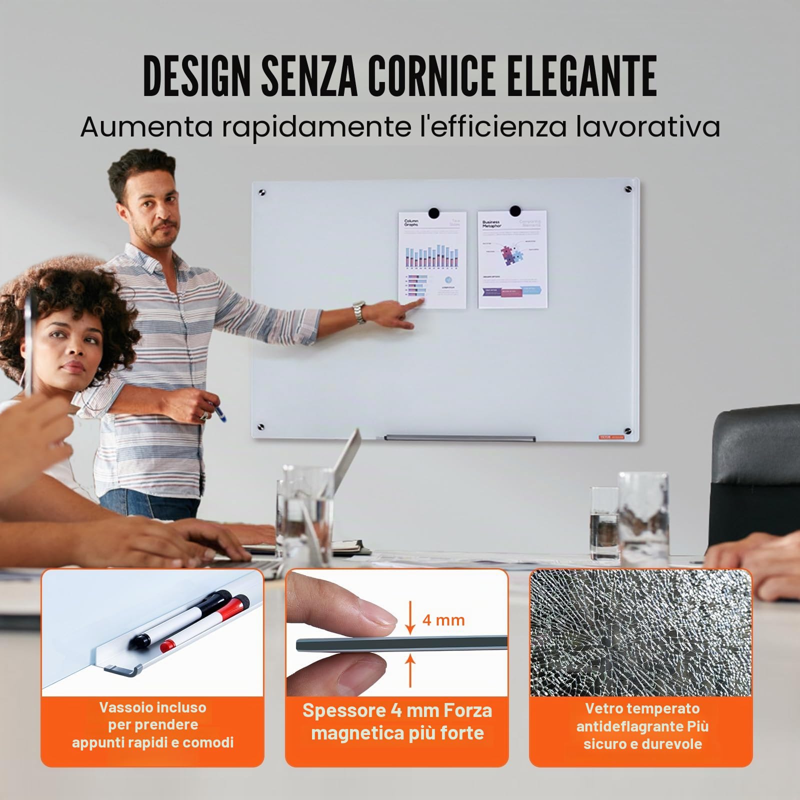 VEVOR Lavagna magnetica in vetro cancellabile a secco 90 x 60 cm, Lavagna per promemoria da parete, Vassoio per pennarelli, per Ufficio scuola ristorante casa