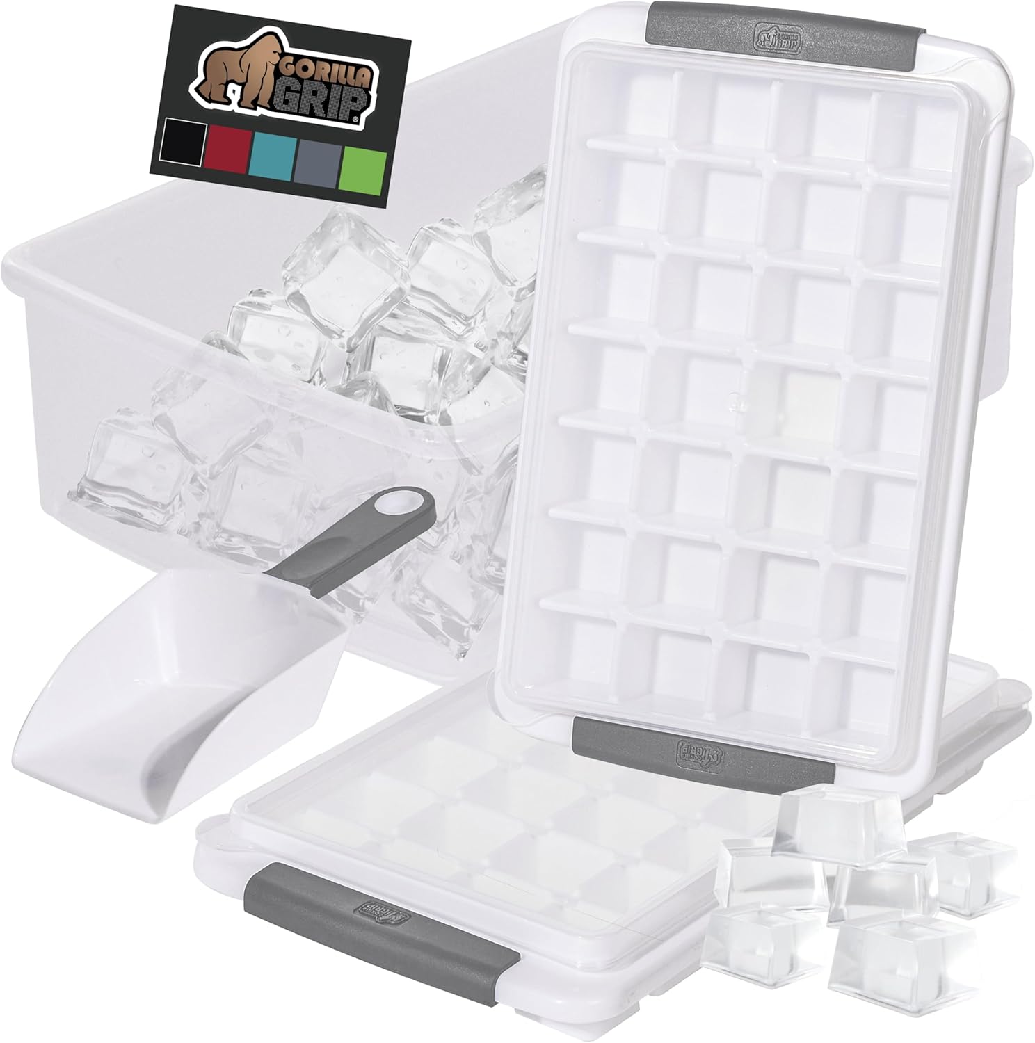 Gorilla Grip BPA-Free Ice Cube Trays: 56 Cubes, 2 Stackable Leakproof Trays with Lids, Soft Grips, Scoop & Bin - Easy Release Freezer Kit, Gray