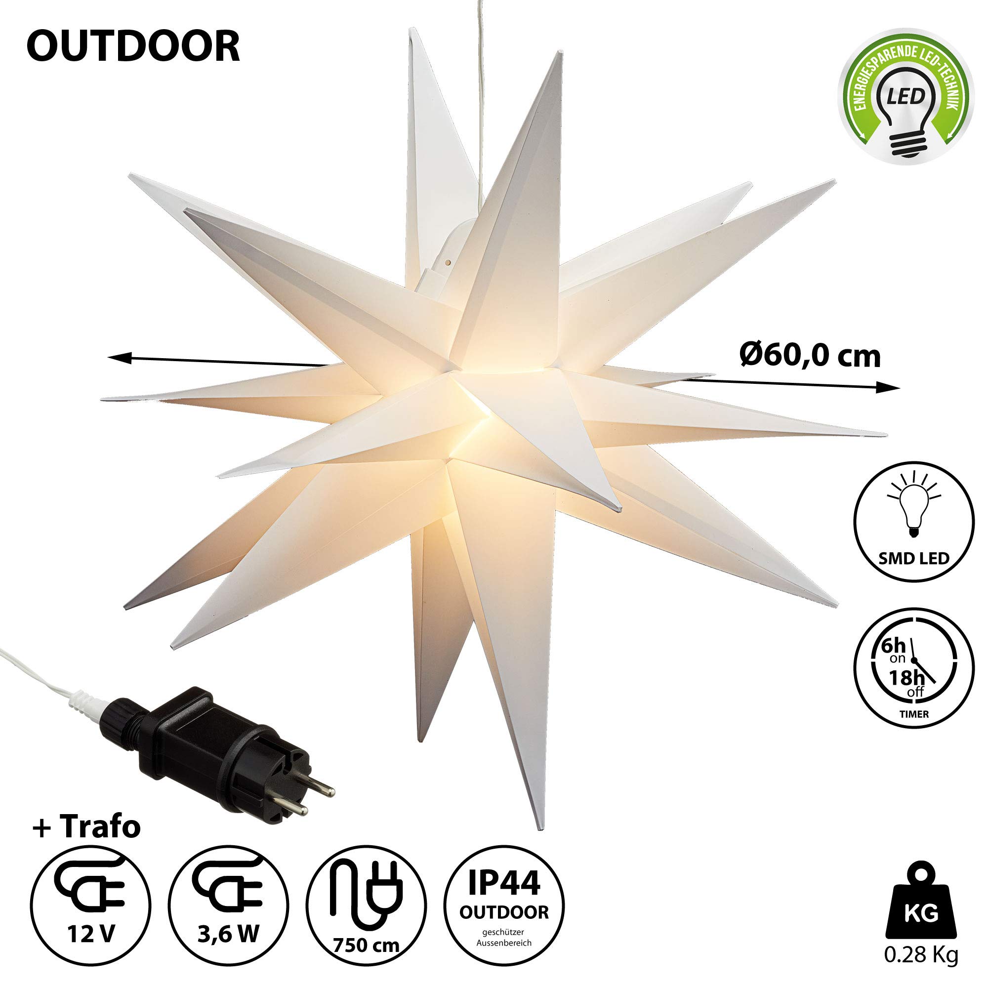 Lichtster 3D wit PVC LED kerstster XL om op te hangen verlicht met timerfunctie incl. SMD LED 60cm Outdoor IP44 (1 x XL 3D lichtster timer wit