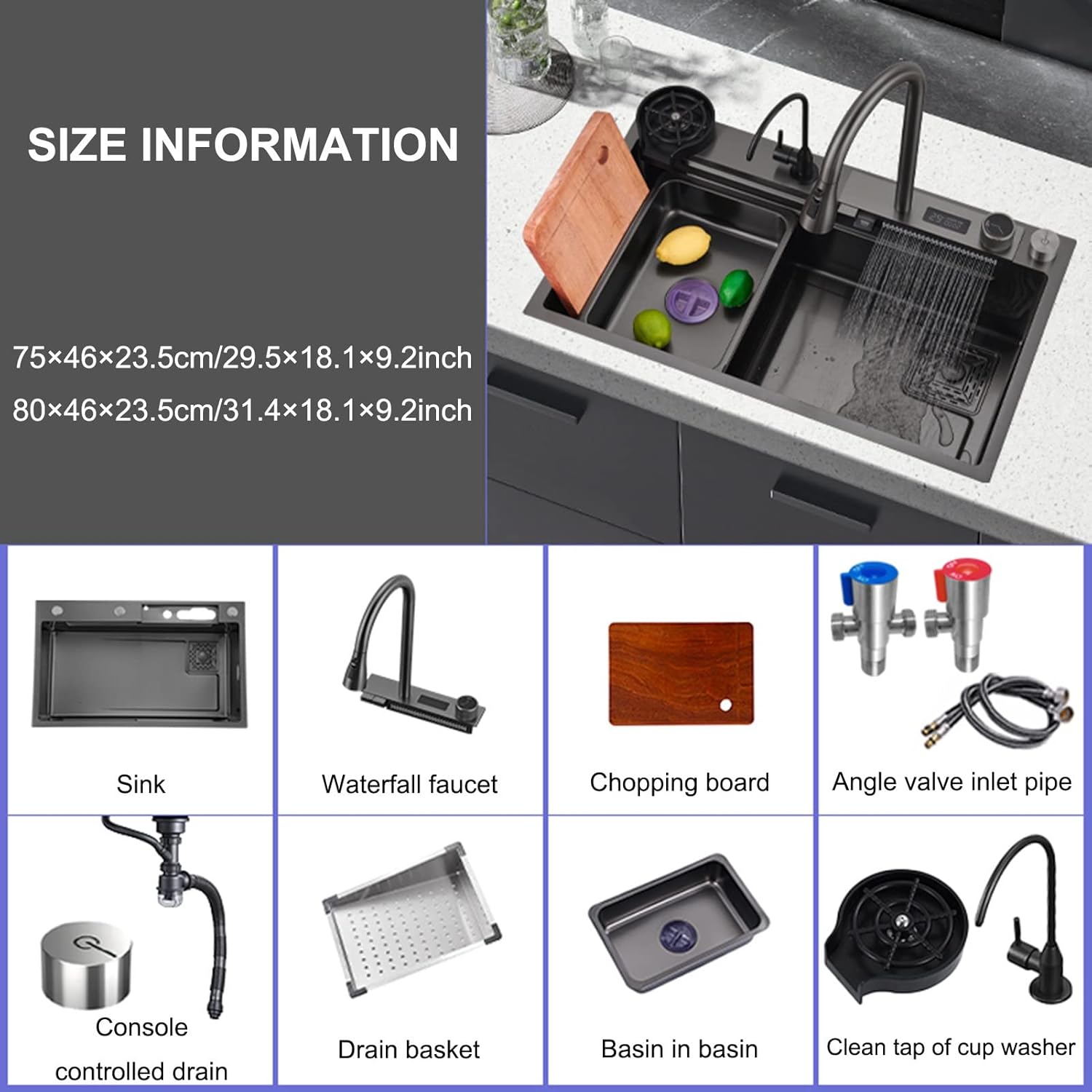Kitchen Sink, With Rainbow Waterfall Type Faucet Bar Prep Kitchen Sink, Stainless Steel Farmhouse Workstation Sink, Drop-In Or Undermount Installation