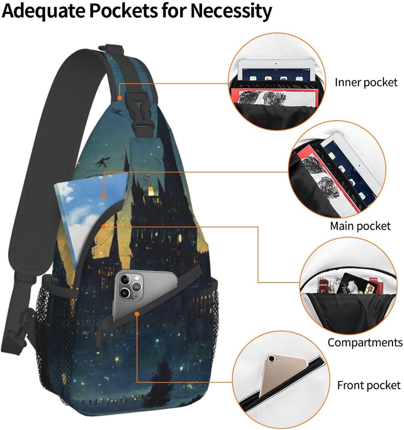 Wizard Castle Halloween Goth Sling Bag Crossbody Backpack for Women Men Hiking Travel Bag Pouch Small Daypack Casual Pack Cross Chest Bag Outdoor