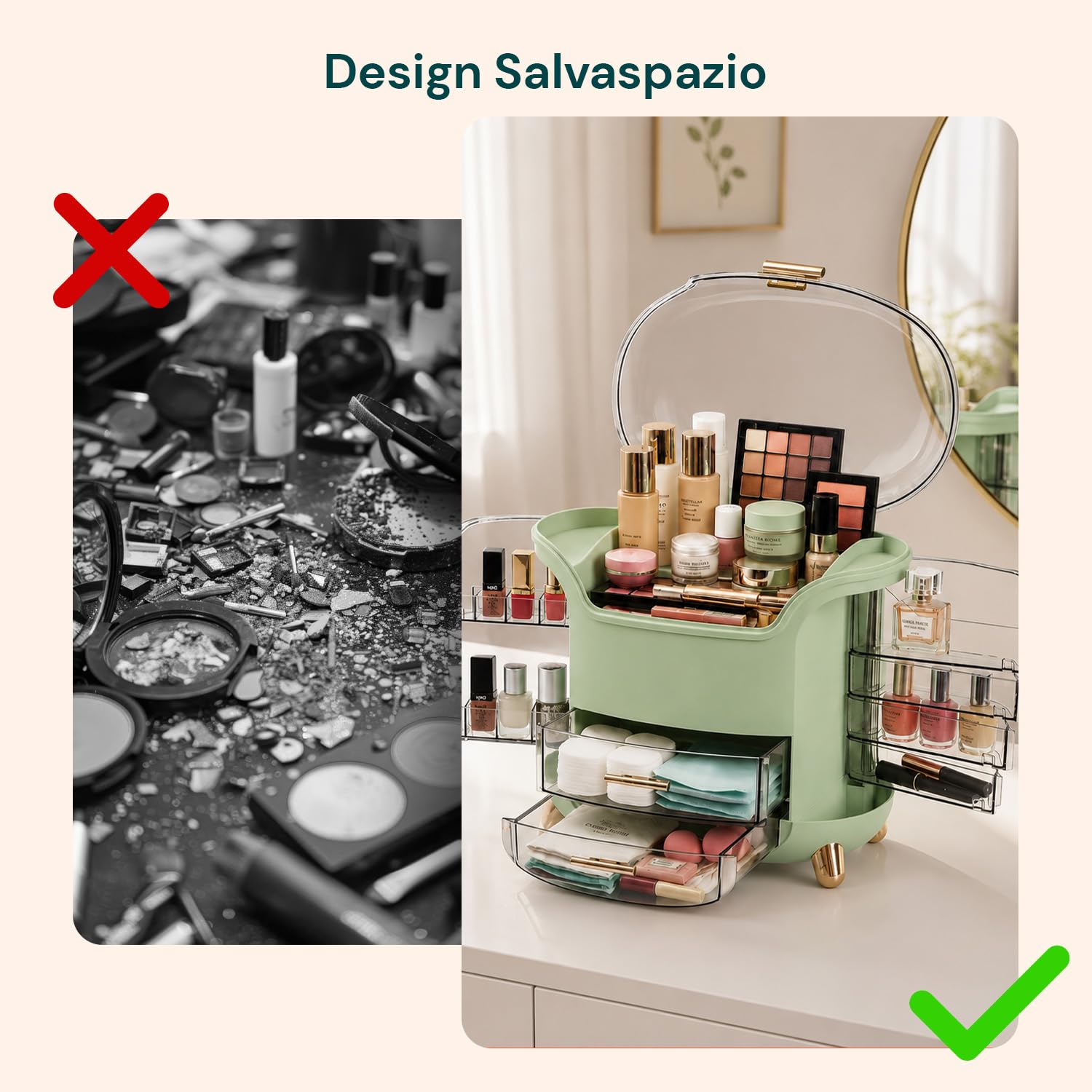 Wintem Porta Trucchi Rotante Trasparente Verde, Make Up Organizer con 2 Cassetti Girevoli a 90° e 2 Scomparti Laterali, Organizzatore Cosmetici Compatto da Toeletta