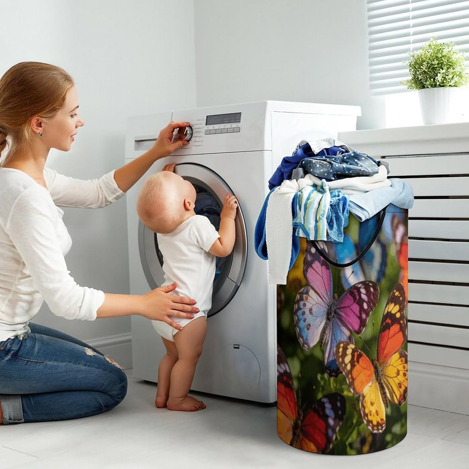 Colorful Butterfly Flowers Laundry Hamper 86L Waterproof Collapsible Clothes Basket with Double Handles Freestanding Foldable Laundry Basket Large Clothes Hamper for Bathroom