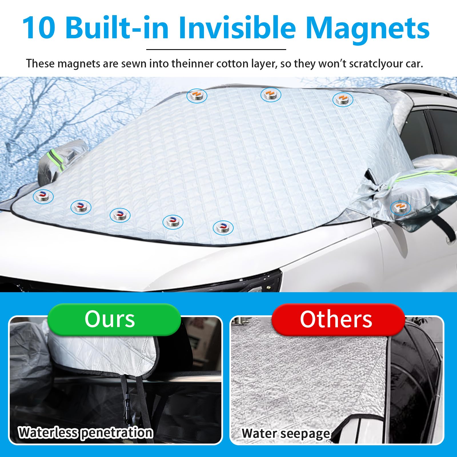 Couverture Pare Brise Voiture, Protection Couverture Repliable avec 10/12 aimants, Bâche Voiture Anti Neige Anti Glace UV Soleil Protéger Repliable Universelle pour Voiture SUV (220x155x128CM)