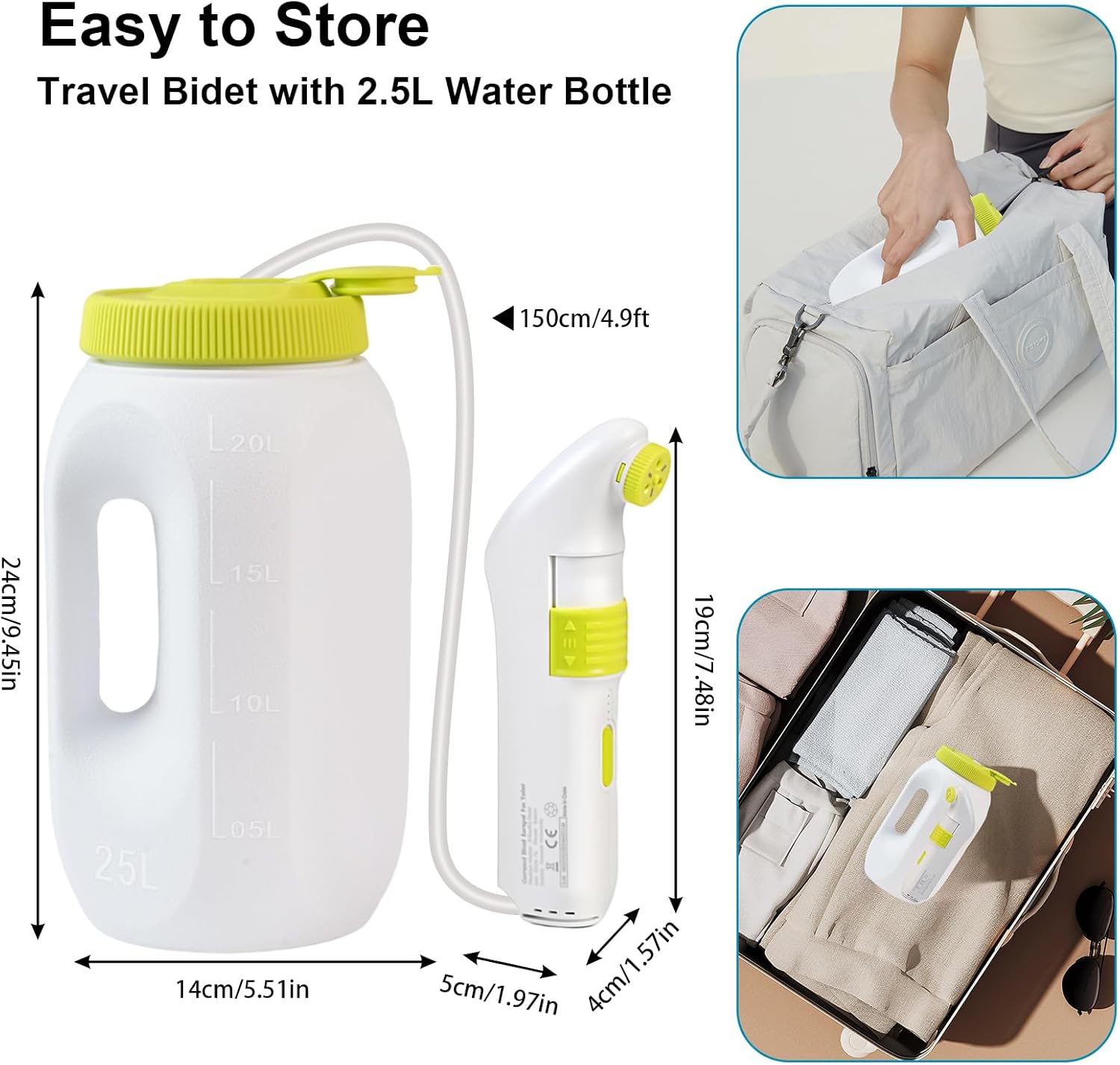 Portable Bidet for Travel – Electric High Pressure Rechargeable Bidet for Women & Men, 2.5L Bottle, 1600mAh Battery, 1300ML/min Strong Flow, Waterproof Personal Hygiene Sprayer for Travel & Home