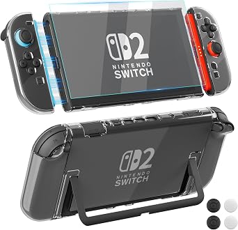 [Easy Docking Version] GLDRAM Clear Case for Nintendo Switch 2 2025, Dockable Hard Shell PC Protective Skin Cover with Screen Protector & 4 Thumb Grips for Switch 2 Console & Split Grips- Crystal
