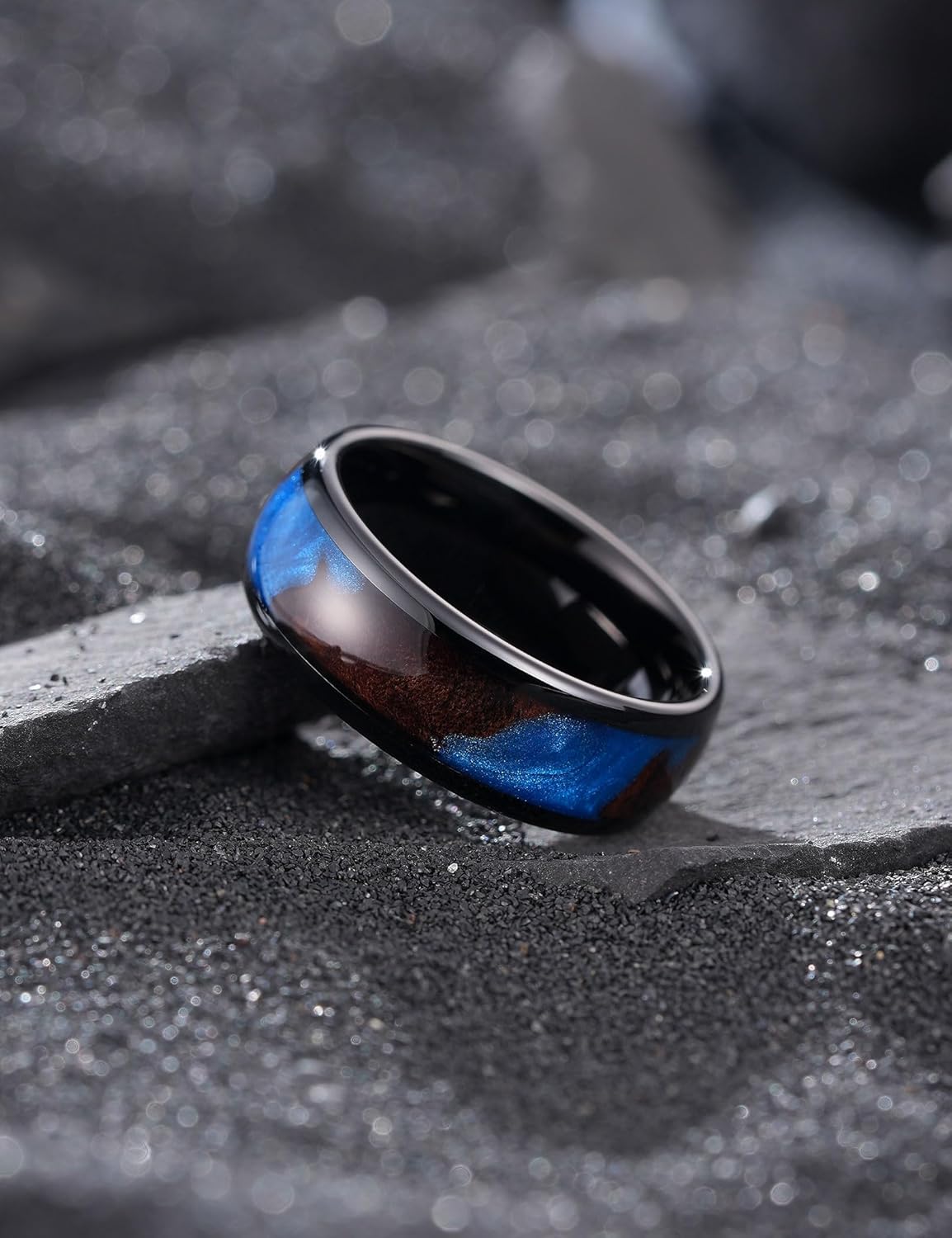 King Will 8mm Black Tungsten Rings, Men's Wedding Rings Turquoise/Sand/Foils Inlay Ring for Men Women, Comfort Fit, Durable - Image 3