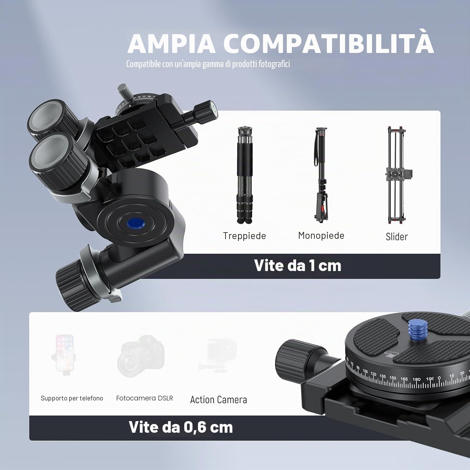 NEEWER Testa Treppiede a 3 Vie con Piastra QR Arca a 360°, Micro Regolazione Millimetrica, Testa a 3 Assi Pan Incli in Lega di Alluminio con Cambio Rapido Doppia Modalità Grande e Fine, Max 6kg, TH15