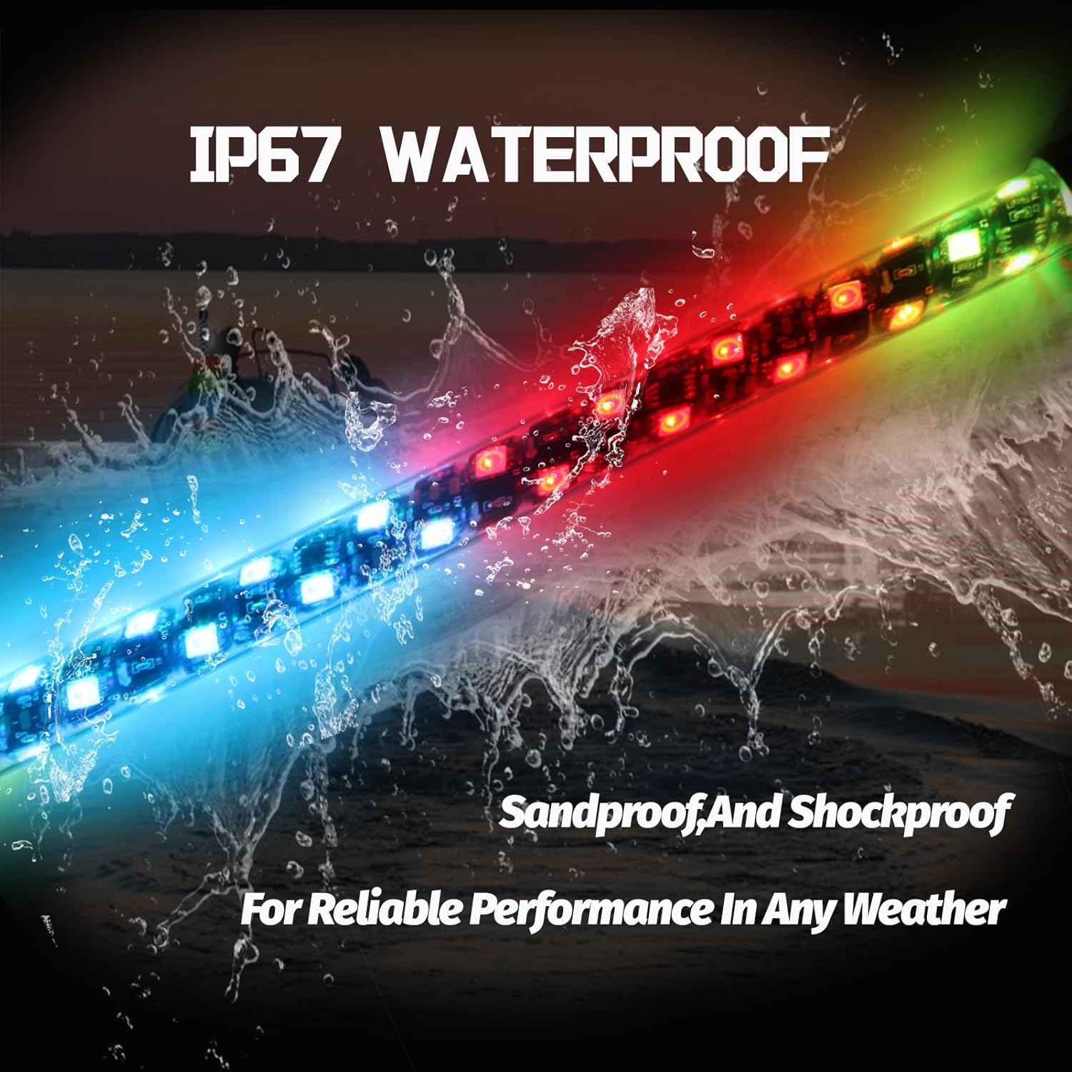 Hoffen Navigation Light being splashed with water, demonstrating IP67 waterproof rating