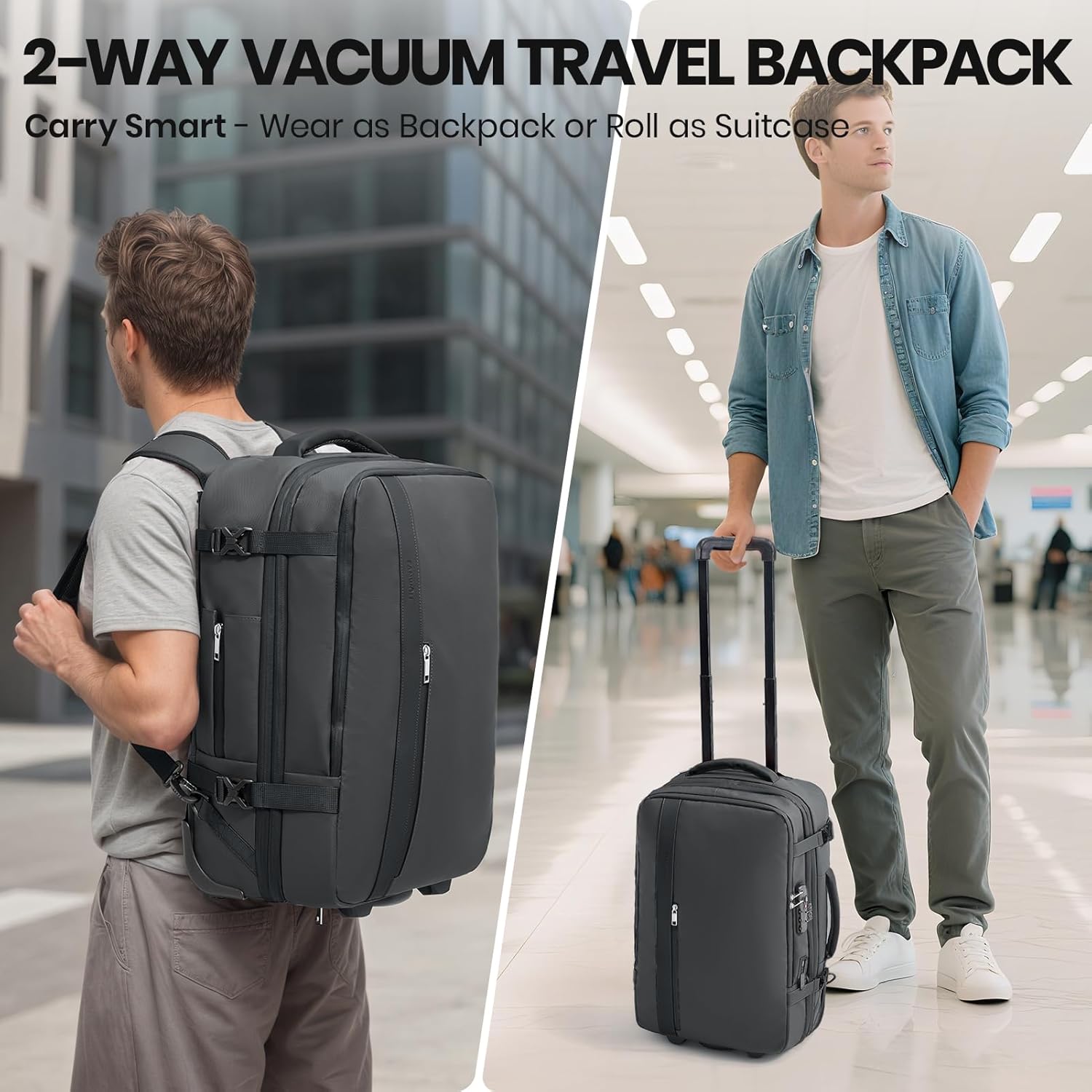 Fanwoli Vacuum Rolling Travel Backpack, Carry On Luggage with TSA Lock & Anti Theft Zipper, 70L Expandable Airback with Compression Pump, Waterproof Laptop Bag Ideal for Flight & Business - Image 6