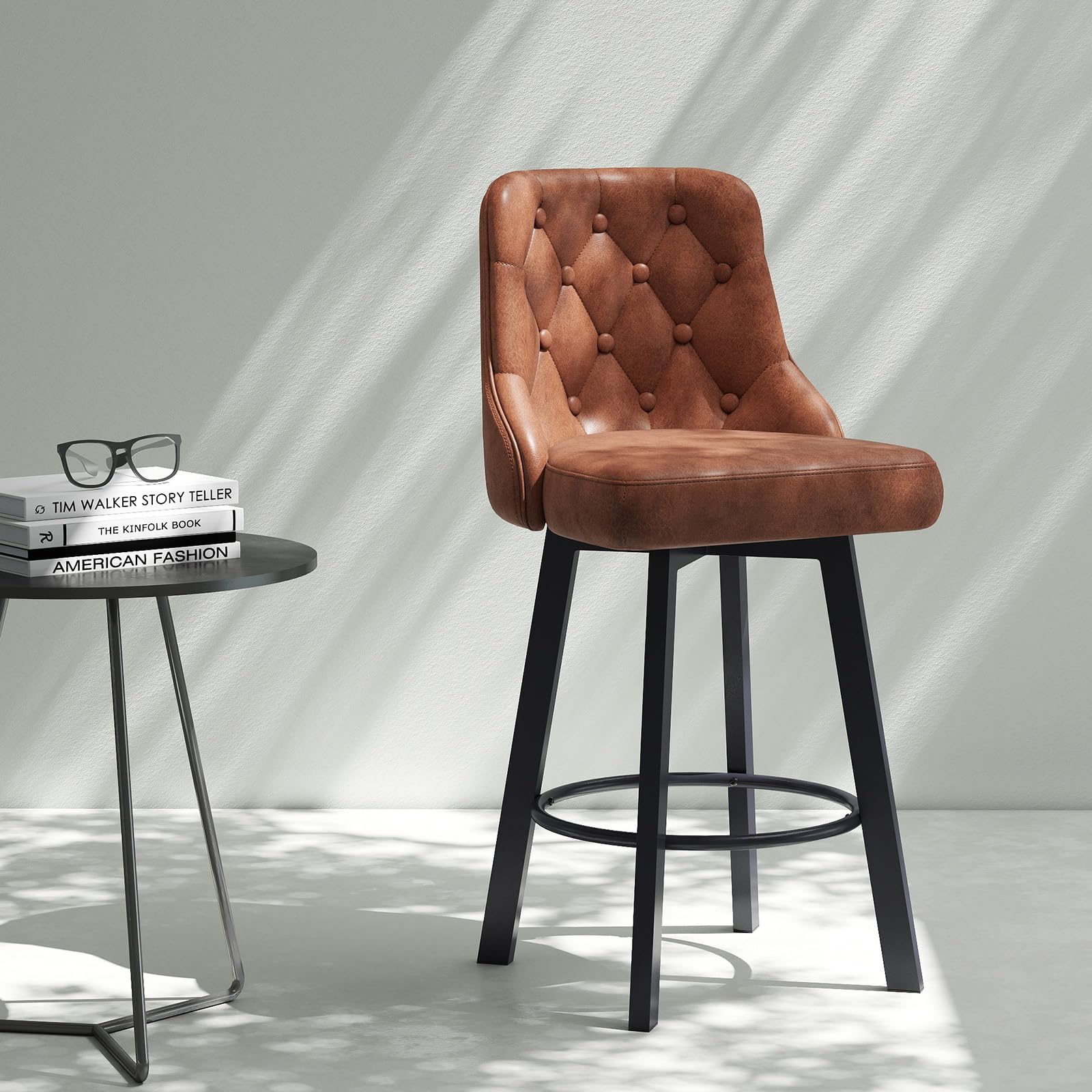 Youhauchair Bar Stool Set of 1, Waterproof PU Leather Bar Stool, 360° Rotating Breakfast Bar Stools with Footrest, Seat Height 66.5 cm, Load Capacity 150 kg, Brown