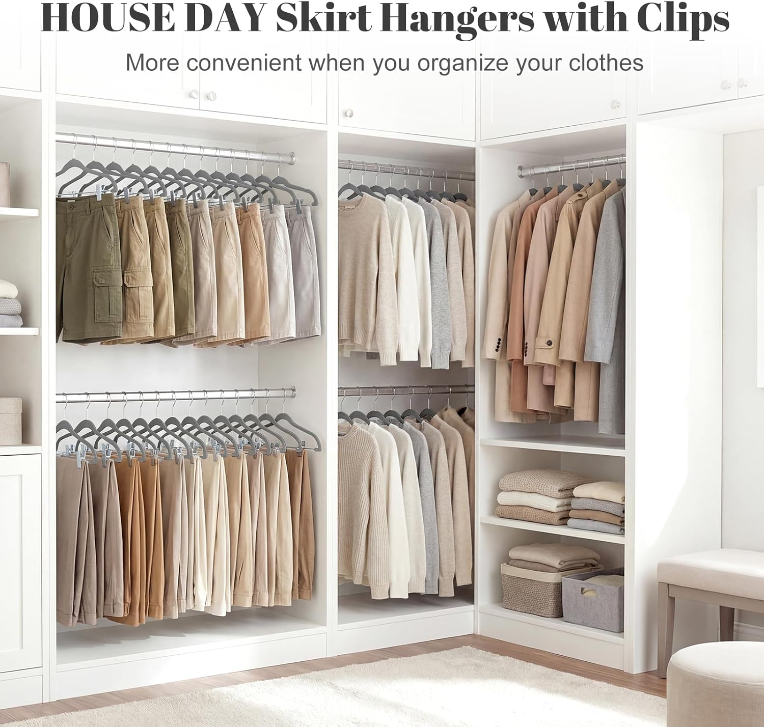 HOUSE DAY Velvet Skirt Hangers 24 Pack, Gray Hangers with Adjustable Clips, Space Saving Slim Velvet Pant Hanger, Heavy Duty Non Slip Clip Hanger for Pants, Skirts, Shorts - Image 8