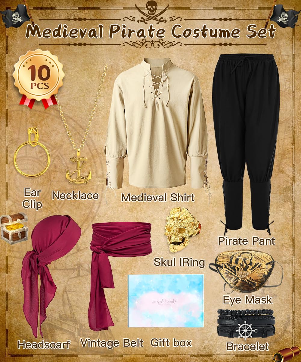 Deguisement Pirate Homme, Robe Médiévale avec Accessoires de Pirate, Costume Carnaval Homme avec Chemise Pantalon Médiévale, Costume Pirates pour Halloween Cosplay Fête
