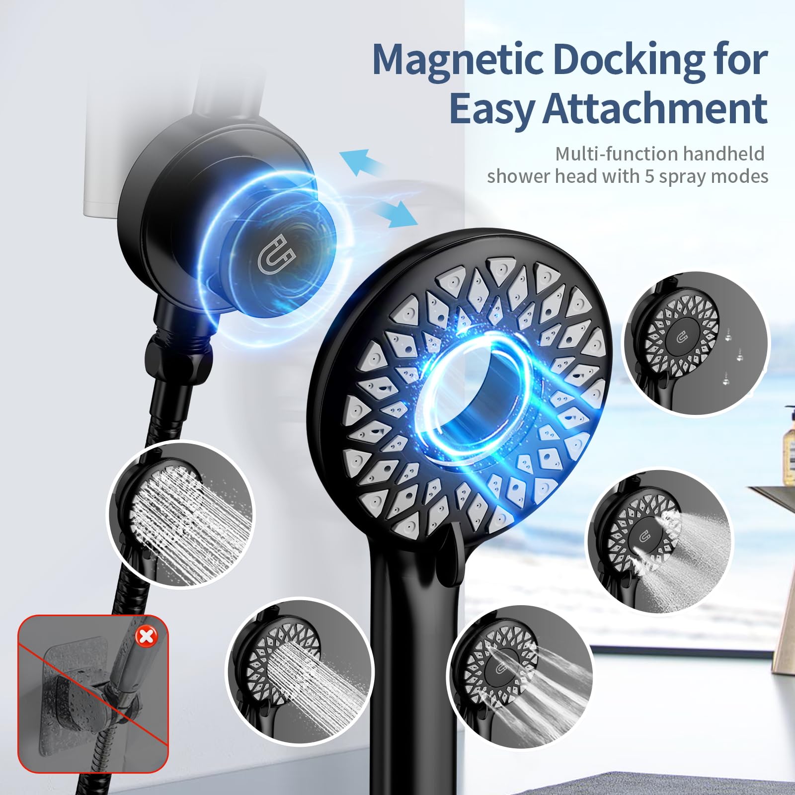 KAIYING Duale Duschköpfe mit Handbrause Combo, magnetisch gefilterter Duschkopf, Badezimmer-Hochdruck-Regenduschkopf und Griff-Set mit Filter für hartes Wasser, 200,7 cm langer Schlauch (mattschwarz)