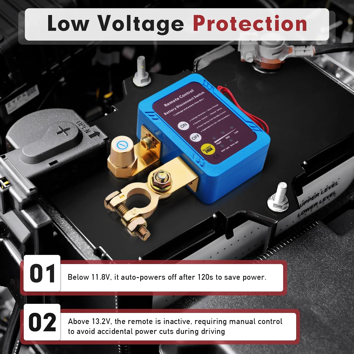 Kill Switch with 12V 240A Remote Battery Disconnect Switch Smart Voltage Kill Switch Fits for Car, Truck, RV car Anti Theft Battery Disconnect Switch
