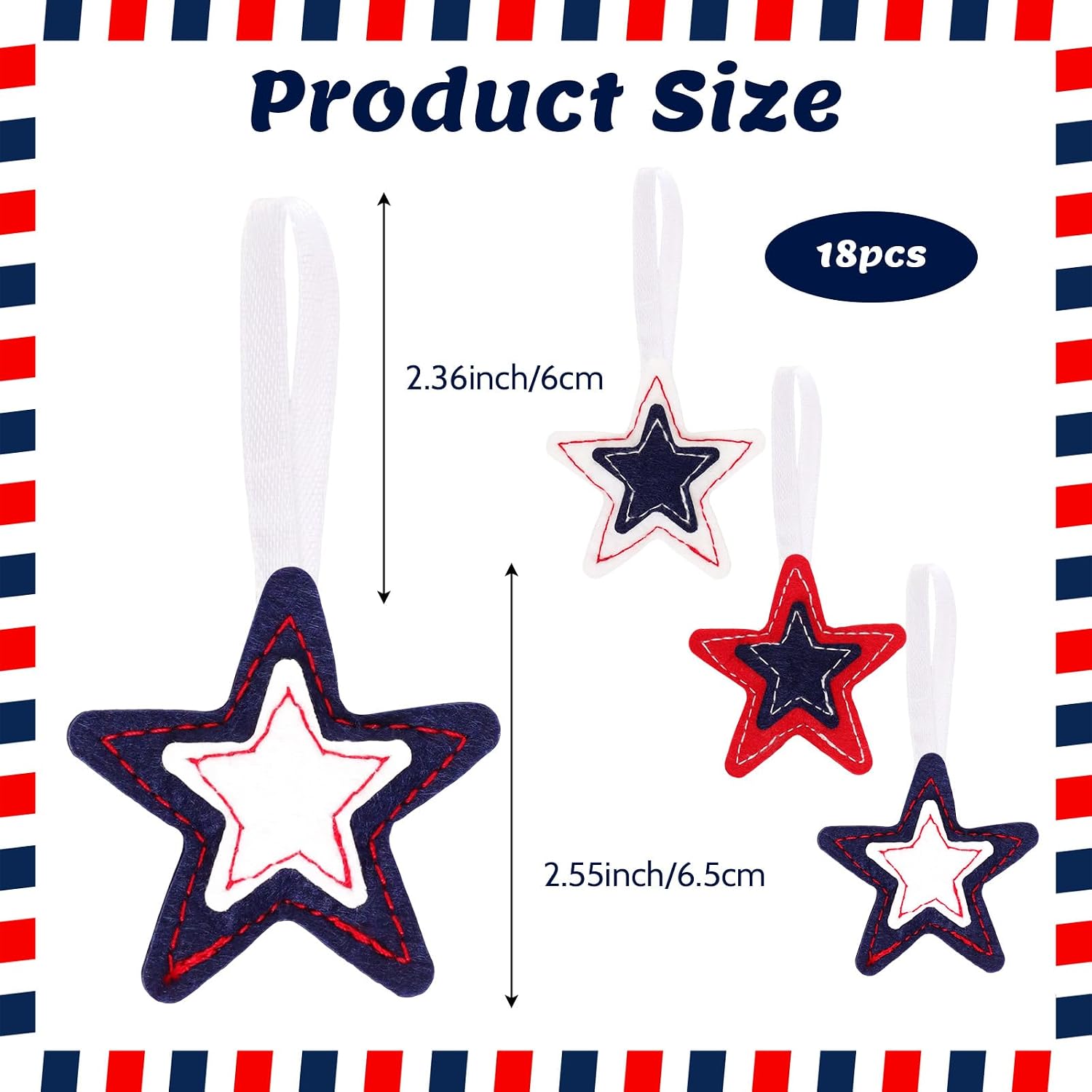 18 Pcs 4th of July Patriotic Felt Star Ornaments Red White Blue Hanging Stars 2.55 Inch for Memorial Day Tree Decorations Independence Day Decor