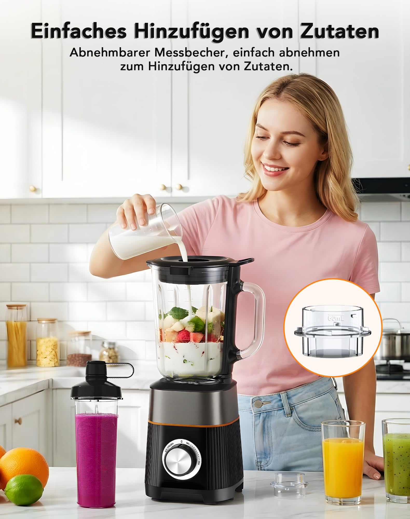 1000W Standmixer, Mixer, Glas 2-1 Mixer Smoothie Maker mit 1,5L Glaskrug und 600ml Reisebecher, Stufenlos Drehbare Drehregler, Selbstreinigung, für Ice-Crush-Funktion Shakes Gefrorene Getränke Saucen
