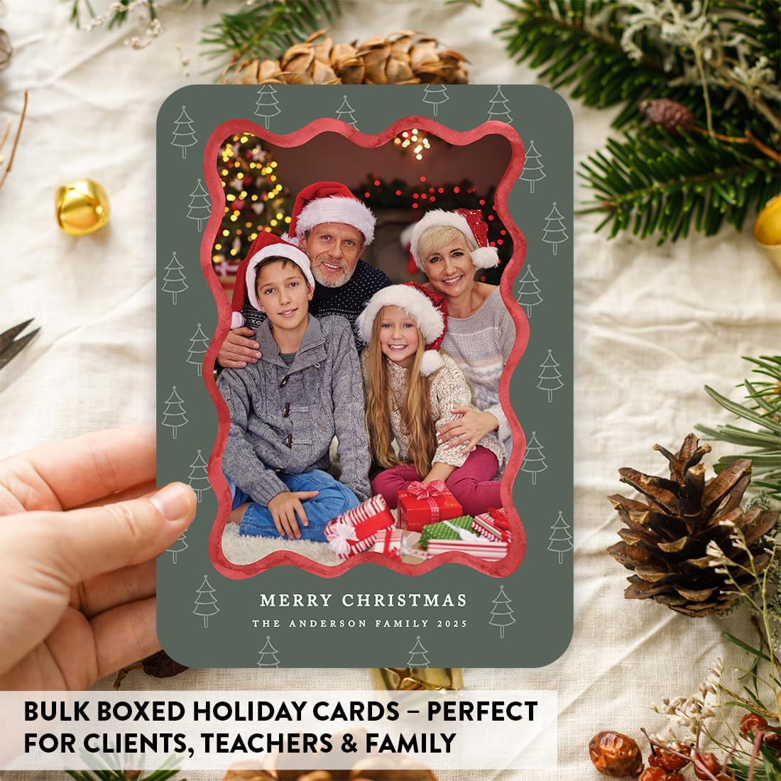 Andaz Press Personalized Christmas Cards with Envelopes, Photo Custom Holiday Cards with Line Design Christmas Trees, 5x7 Inch Thick Cardstock, Bulk Boxed Holiday Greeting for Family, 24-Pack