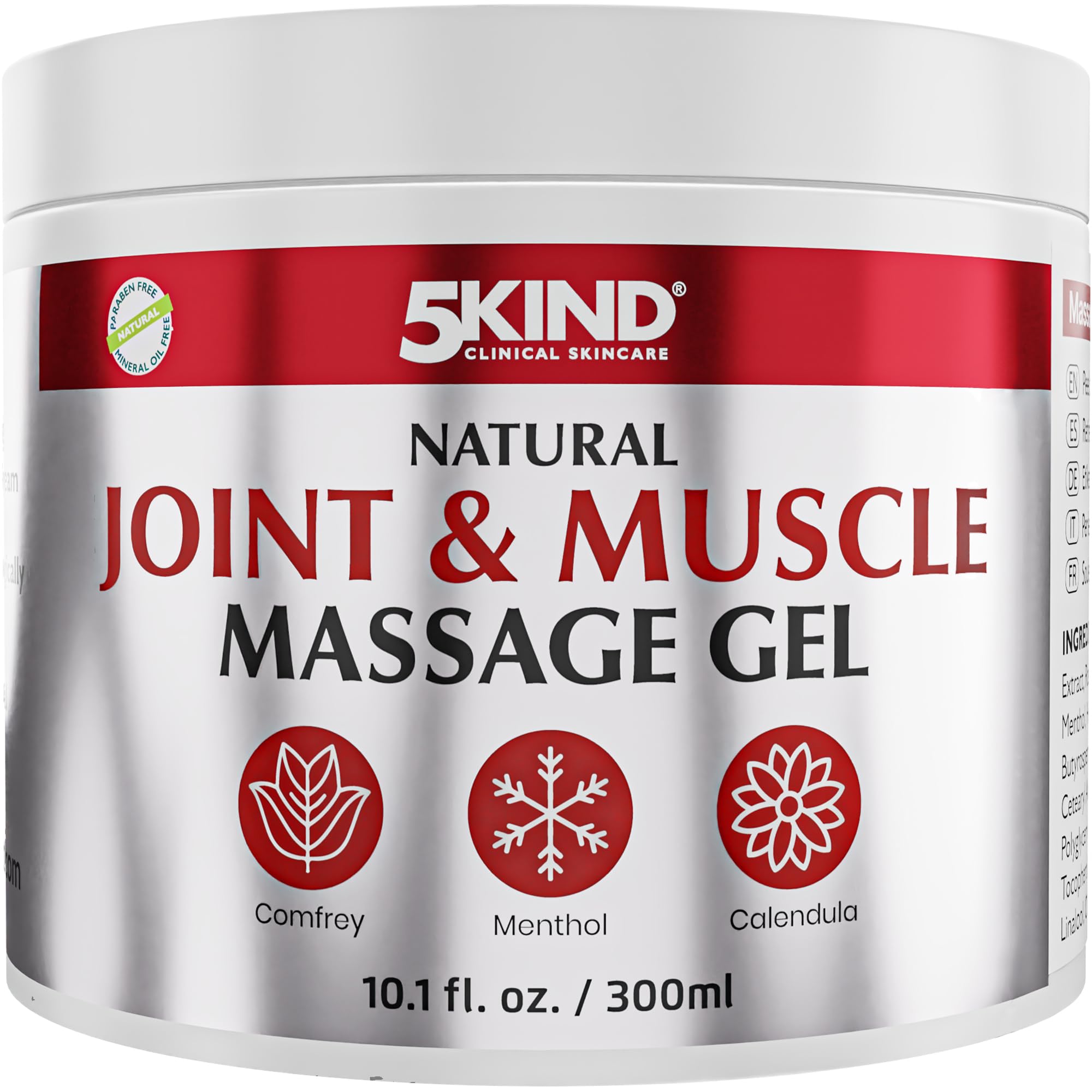 5kind Natural Joint & Muscle Cooling Gel 300ml - Calendula Cream with Comfrey & Menthol - High Strength Revitalising Muscle Gel - Massage for Back, Muscles, Knees, Neck & Shoulders