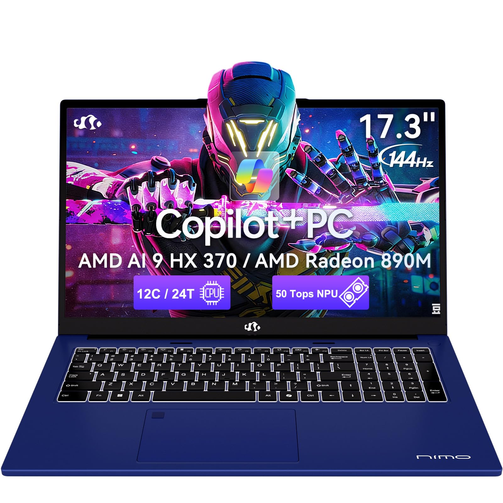 NIMO 17.3" AI Laptop, AMD Ryzen AI 9 HX 370(50 Tops NPU), Radeon 890M, 64GB RAM 1TB SSD, DDR5, 144Hz, PD 100W USB-C 4.0, Copilot+ PC AI Laptop with Wi-Fi 6E for Working Business Student