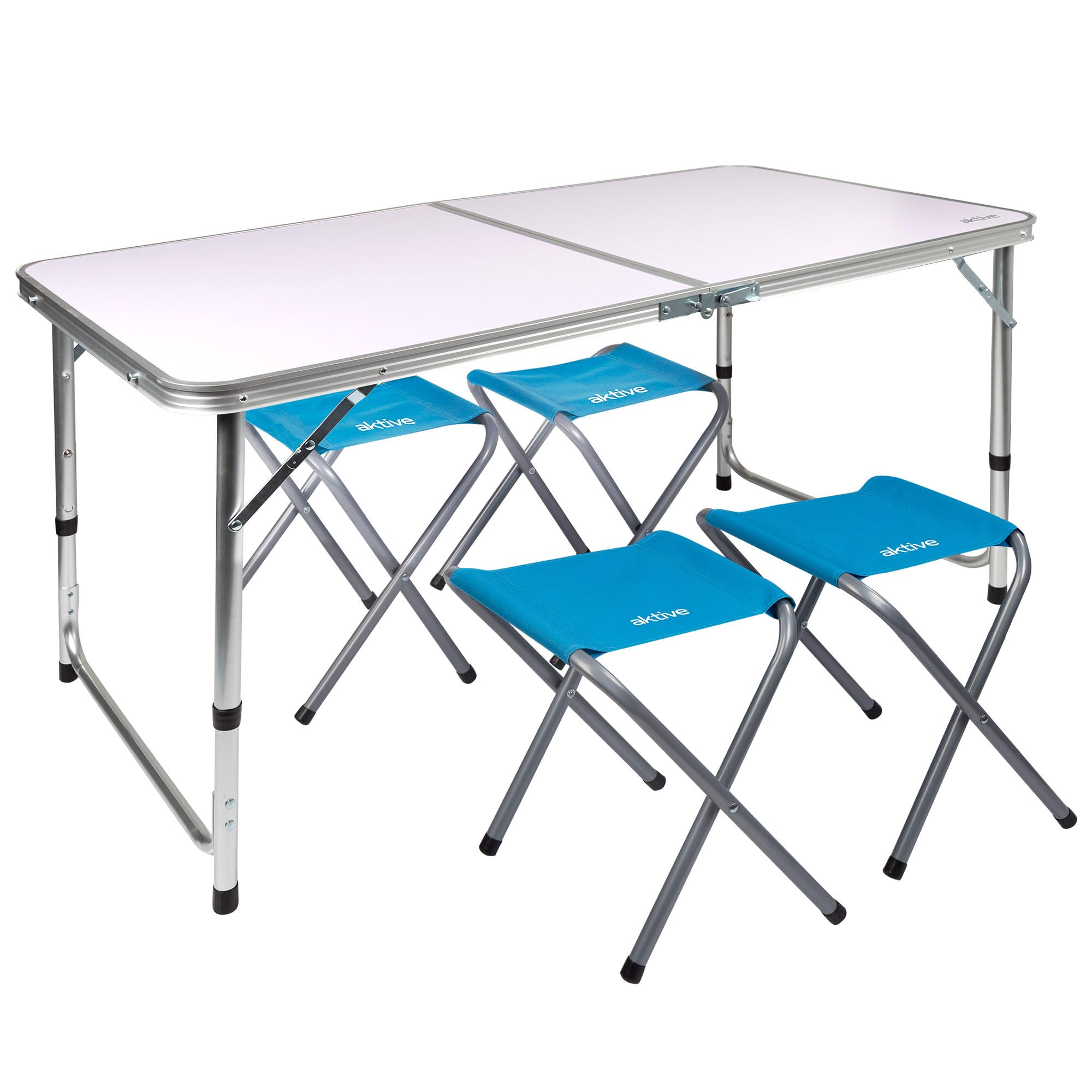 AKTIVE Mesa plegable portátil camping para 4 personas, Altura regulable, incluye 4 taburetes, jardín, con sillas dentro, Conjunto mesas y sillas plegable (52893)