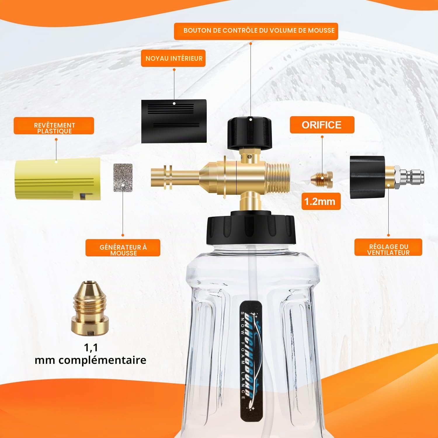 Canon a mousse amélioré pour nettoyeur haute pression 1/4 à dégagement rapide, 1L Canon à mousse Distributeur de savon avec buse de pulvérisation réglable de nouvelle génération (noir et jaune)