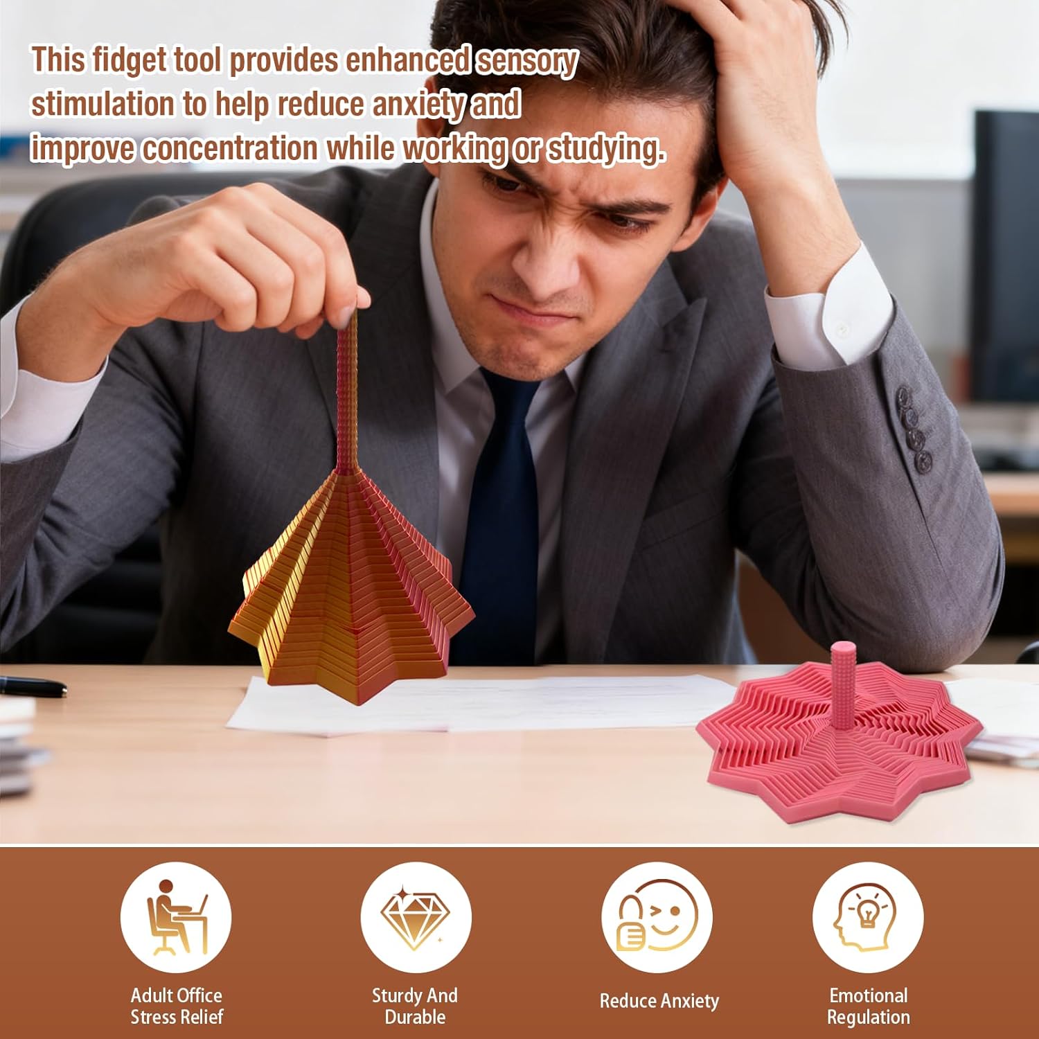 Colorful 3D Printed Expanded Sensory Fidget Star with Handles Fractal Fidget Hexagon Whirling Spiral Star Shaped Stress Relief (Red Gold)