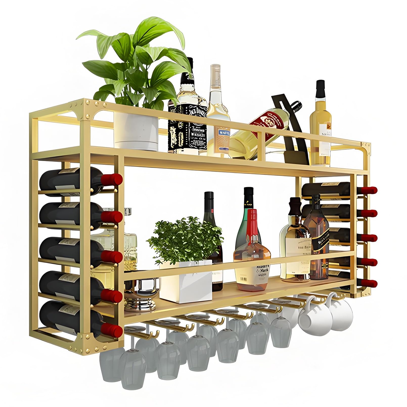 Étagère à vin murale dorée 80cm avec LED et porte-verre