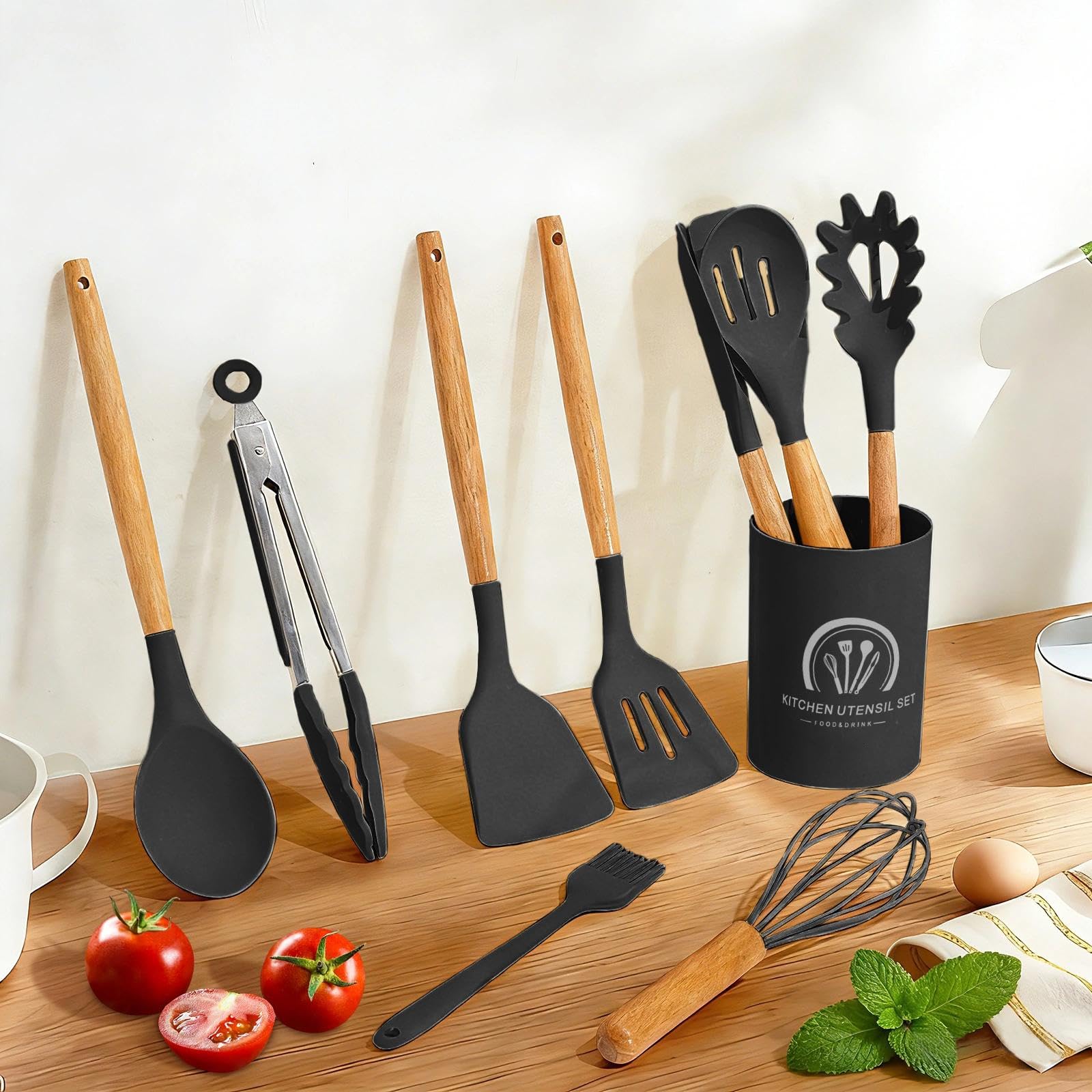 Utensili Cucina Silicone - 33 Pezzi Utensili Da Mestoli Cucina Silicone Con Manico In Legno, Senza Bpa, Resistenti Al Calore E Antiaderenti, Con Supporto E Mestoli, Con Fori Per Appendere, Nero