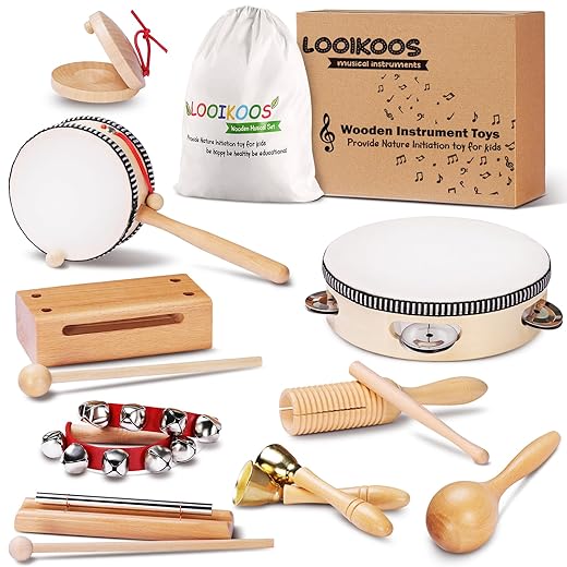 LOOIKOOS Toddler Musical Instruments Montessori Natural Wooden Percussion Instruments for Kids Preschool Educational Musical Toys Set for Boys and Girls with Storage Bag