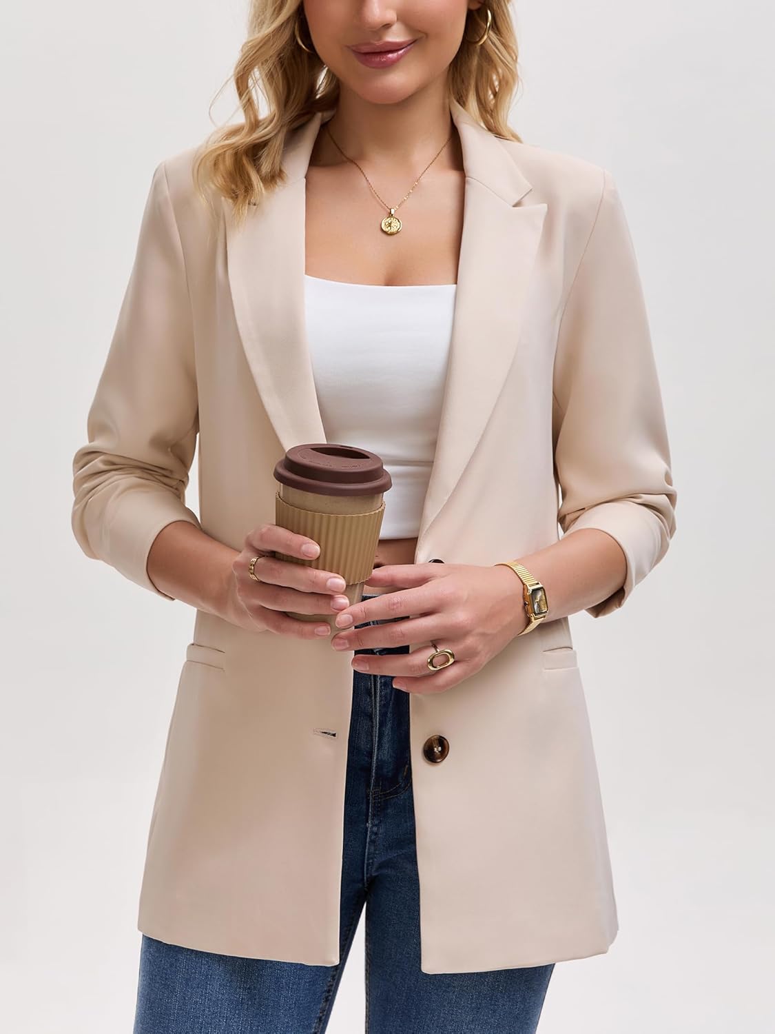 Womens Semi-Tailored Business Casual Blazer 9/10 Sleeve Lightweight Work Office Jacket with Pockets