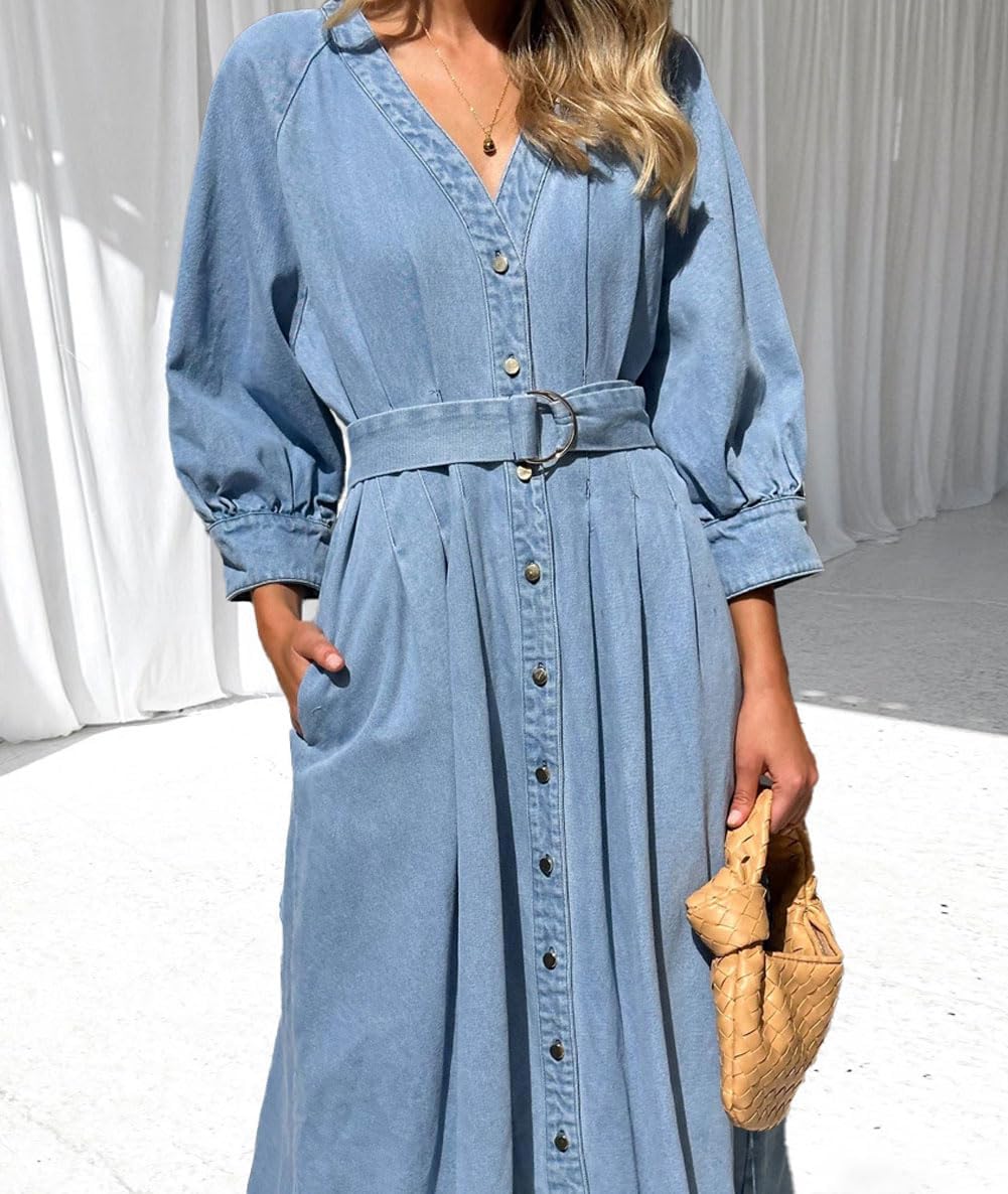chouyatou Women's Boho V-Neck Button Down Swing Maxi Denim Dress 3/4 Sleeve Casual Belted Long Jean Dress - Image 5