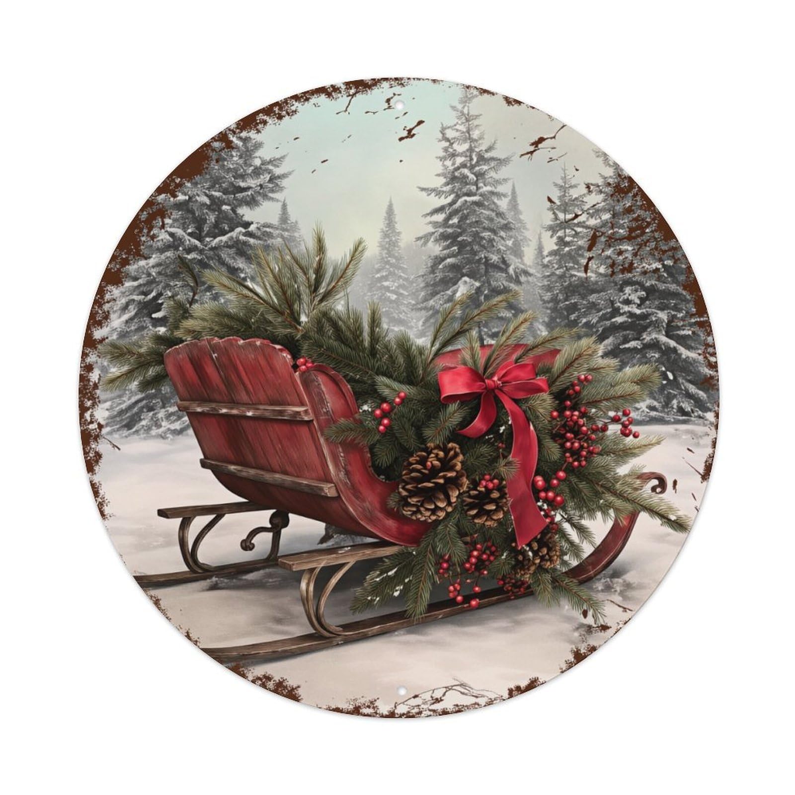 Winter Sleigh Christmas Scene Pine Trees Round Tin Sign Retro Metal Sign for Cafe Bar Pub Home Game Room Gym Club Wall Decoration Vintage Metal Poster 8x8 Inch