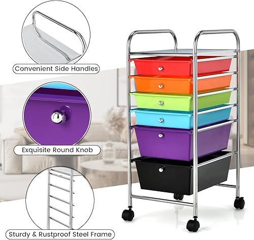 Miniatura 5 de HAPPYGRILL Carrito organizador de almacenamiento de 6 cajones, herramientas de oficina, escuela, carrito de almacenamiento con ruedas